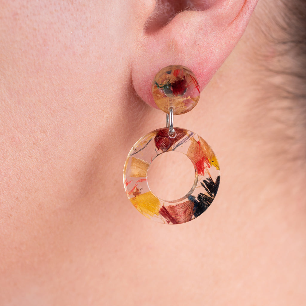 Donatello Urban Statement Resin Earrings featuring vibrant colors from recycled skateboard wood shavings and plant resin in a hoop design.