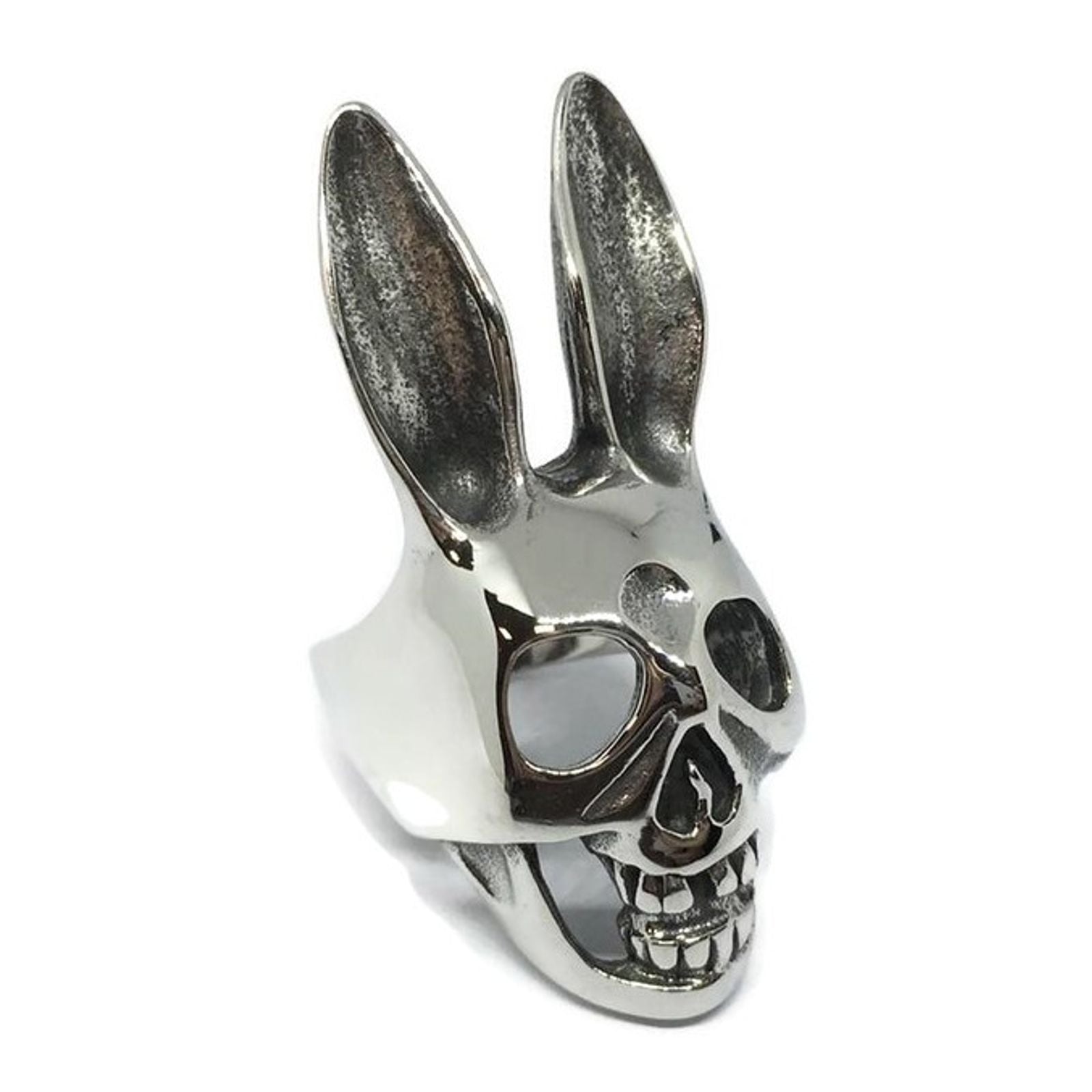 A stainless steel ring featuring the iconic Donnie Darko Bunny design, showcasing its sleek finish and unisex appeal.