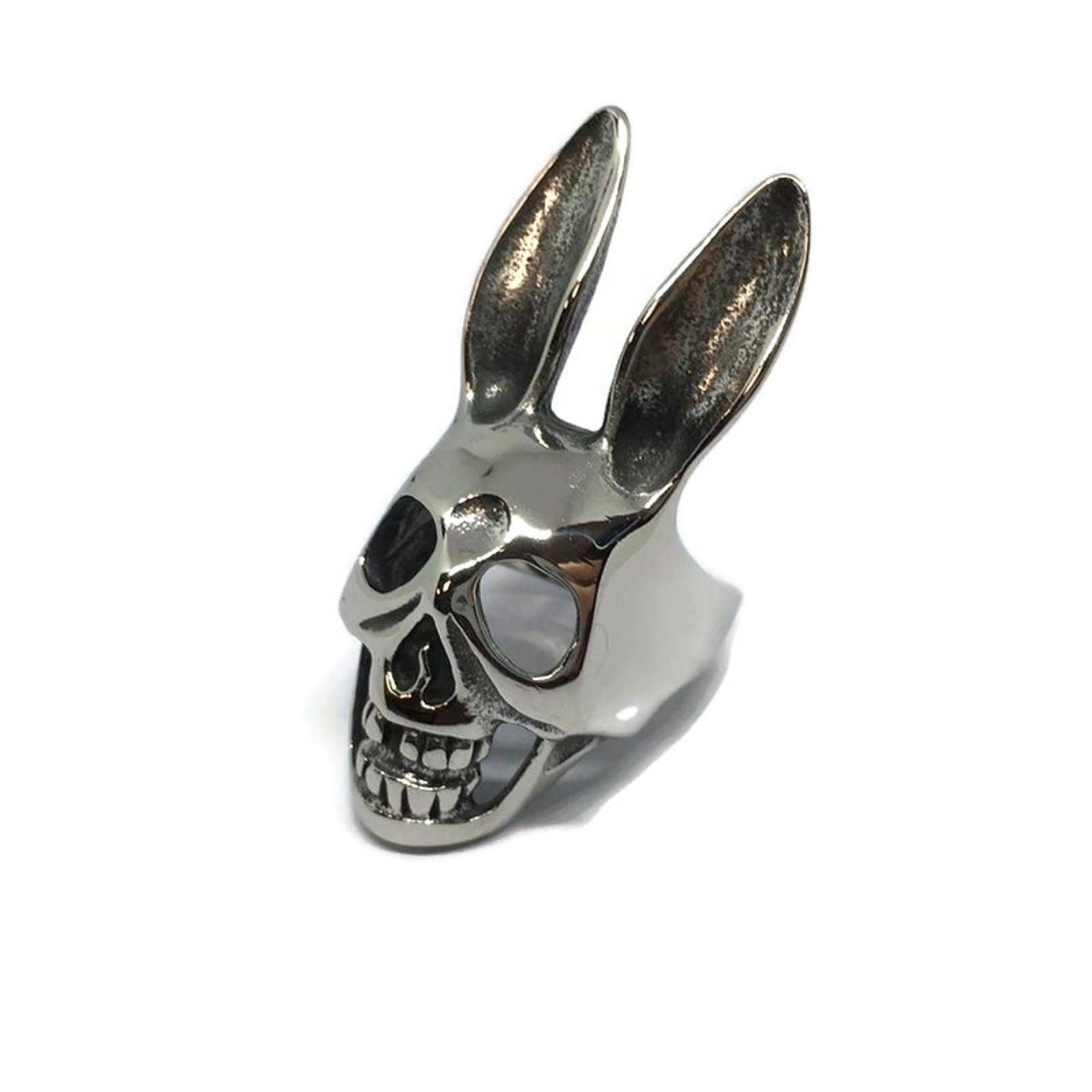 A stainless steel ring featuring the iconic Donnie Darko Bunny design, showcasing its sleek finish and unisex appeal.