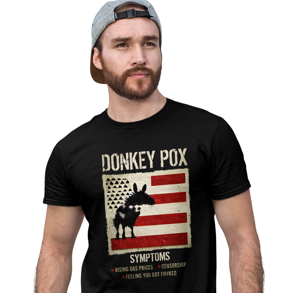 A comfortable Donkey Pox Printed T-Shirt featuring a sarcastic design, made in the USA, displayed on a mannequin.