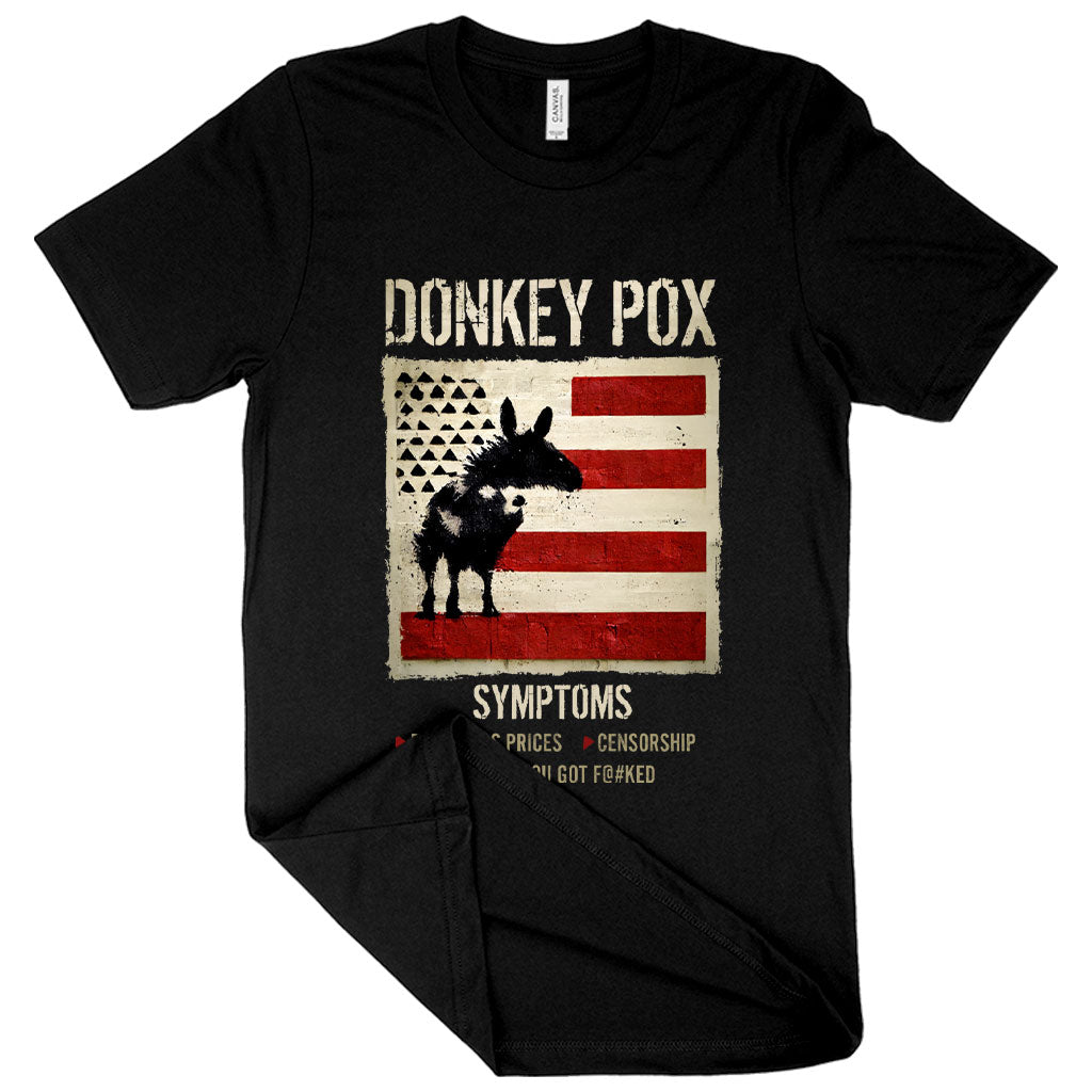 A comfortable Donkey Pox Printed T-Shirt featuring a sarcastic design, made in the USA, displayed on a mannequin.