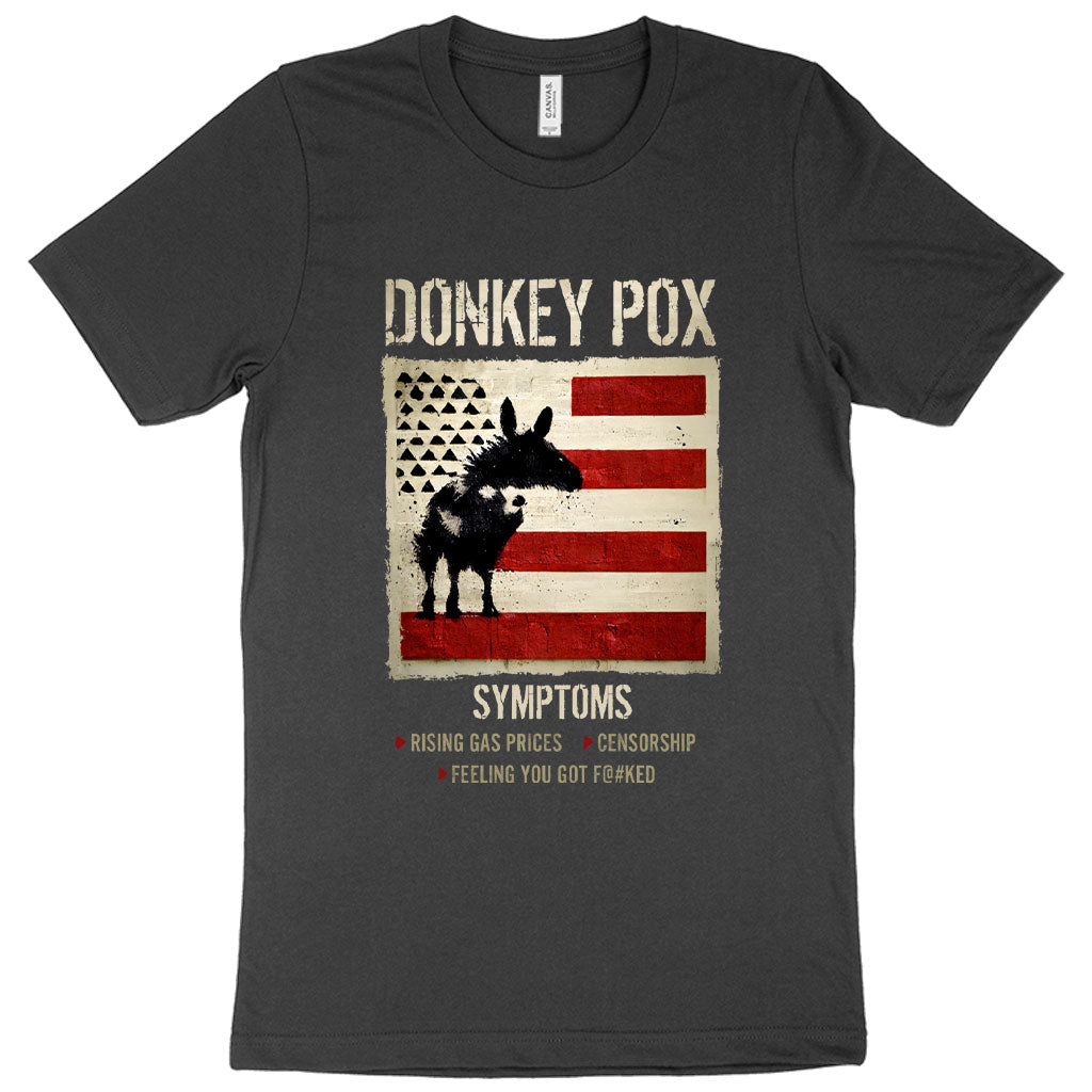 A comfortable Donkey Pox Printed T-Shirt featuring a sarcastic design, made in the USA, displayed on a mannequin.