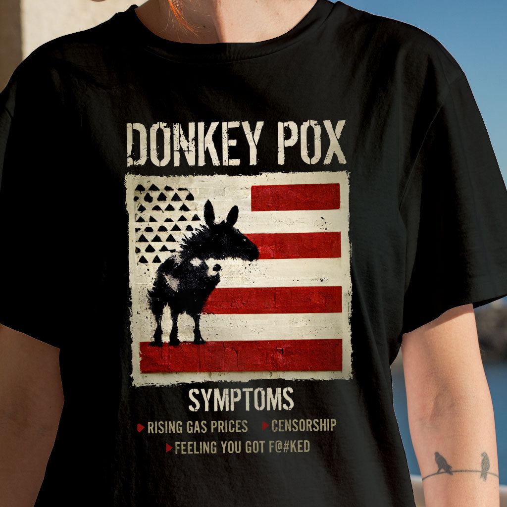 A comfortable Donkey Pox Printed T-Shirt featuring a sarcastic design, made in the USA, displayed on a mannequin.