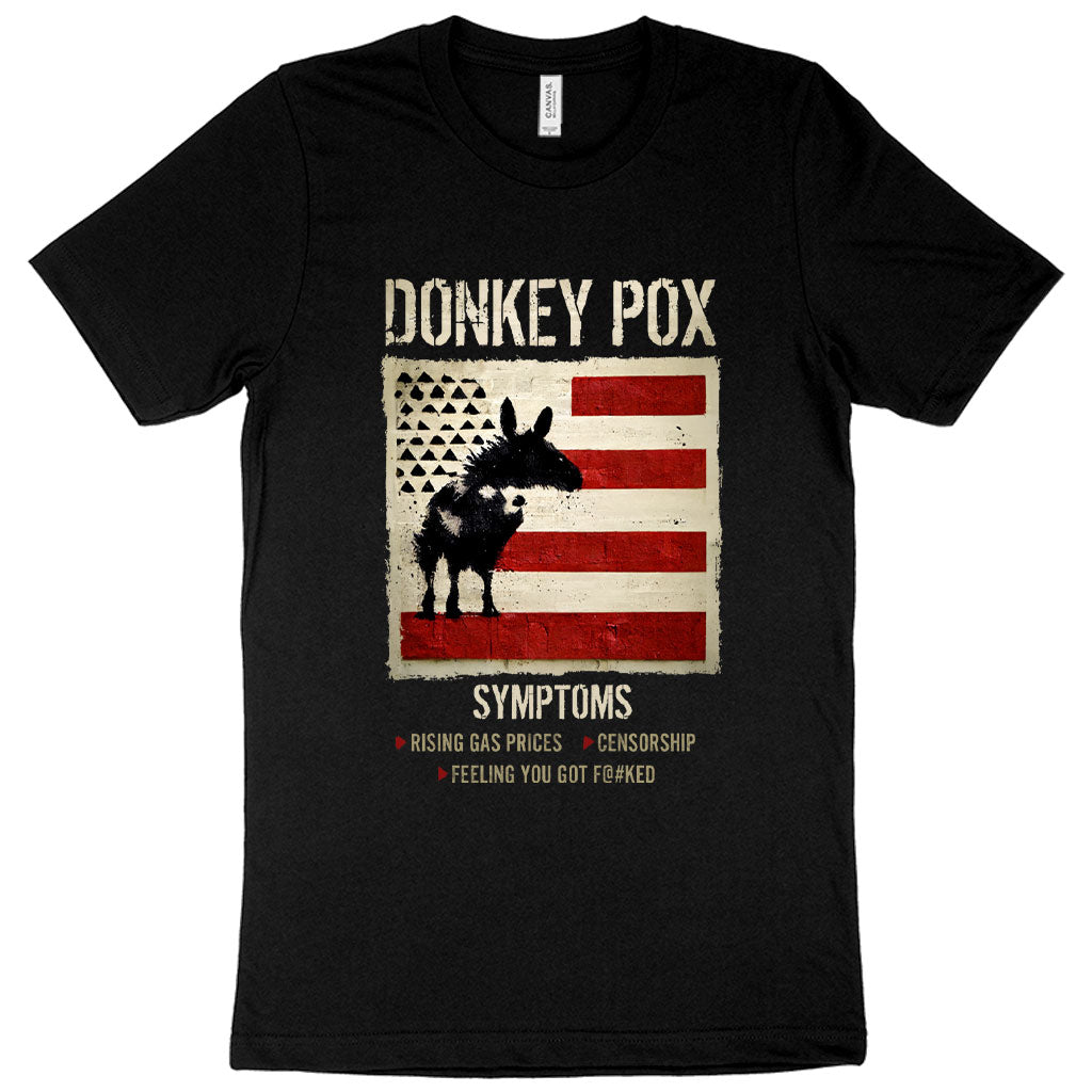 A comfortable Donkey Pox Printed T-Shirt featuring a sarcastic design, made in the USA, displayed on a mannequin.