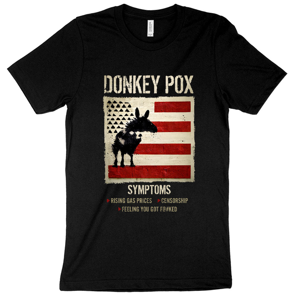 A comfortable Donkey Pox Printed T-Shirt featuring a sarcastic design, made in the USA, displayed on a mannequin.