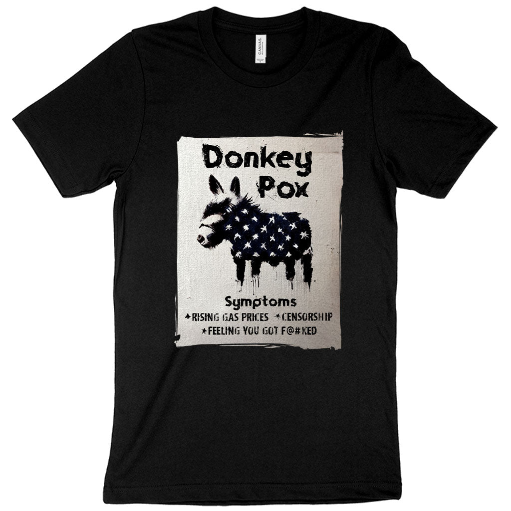 A humorous Donkey Pox T-Shirt made in the USA, featuring a playful text design on a soft jersey fabric.