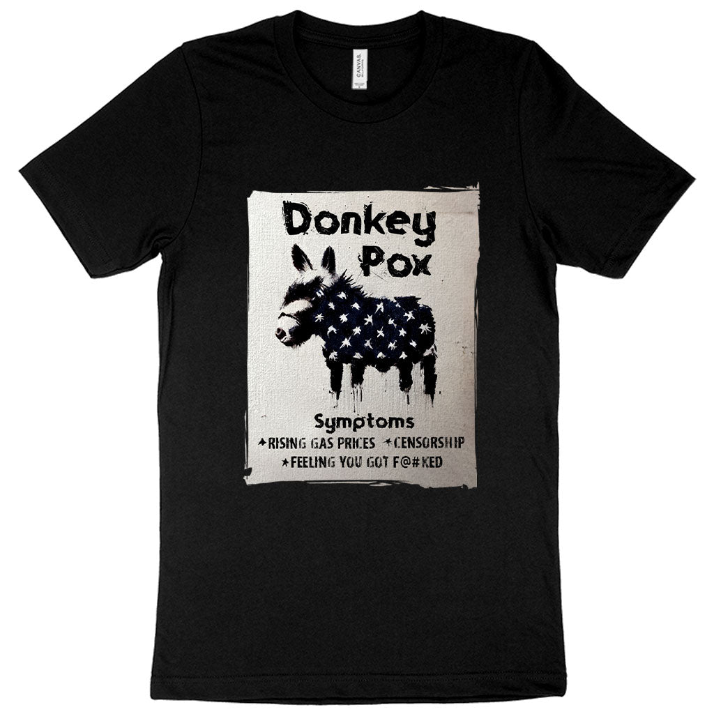 A humorous Donkey Pox T-Shirt made in the USA, featuring a playful text design on a soft jersey fabric.