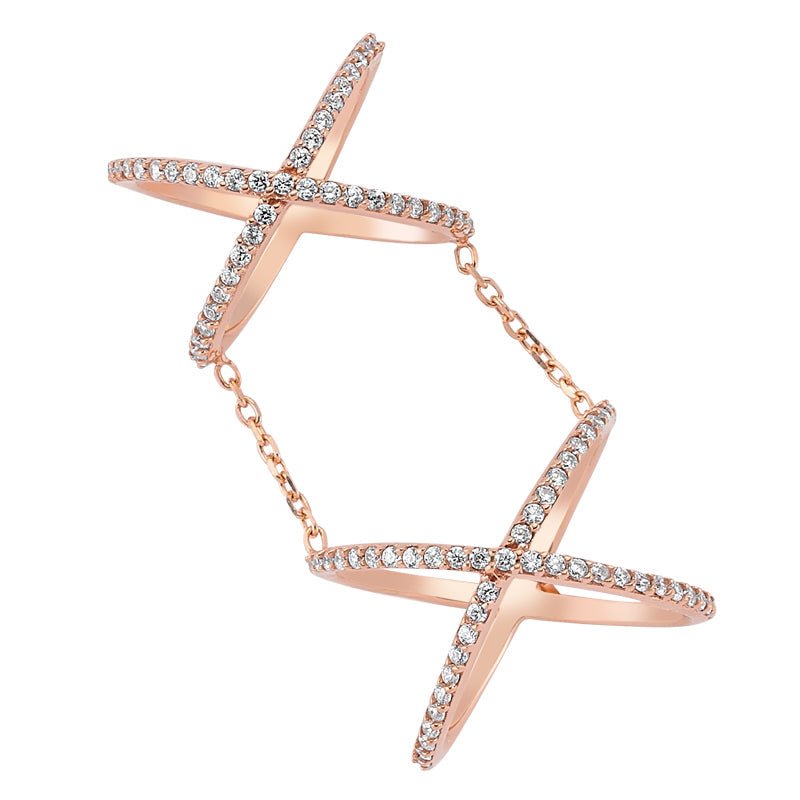 Double Band Linked Silver Stacked X Ring made of 925 Sterling Silver with 18k Rose Gold plating and clear CZ crystals, showcasing a modern design.