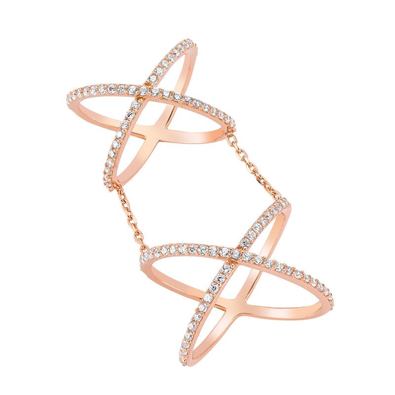 Double Band Linked Silver Stacked X Ring made of 925 Sterling Silver with 18k Rose Gold plating and clear CZ crystals, showcasing a modern design.