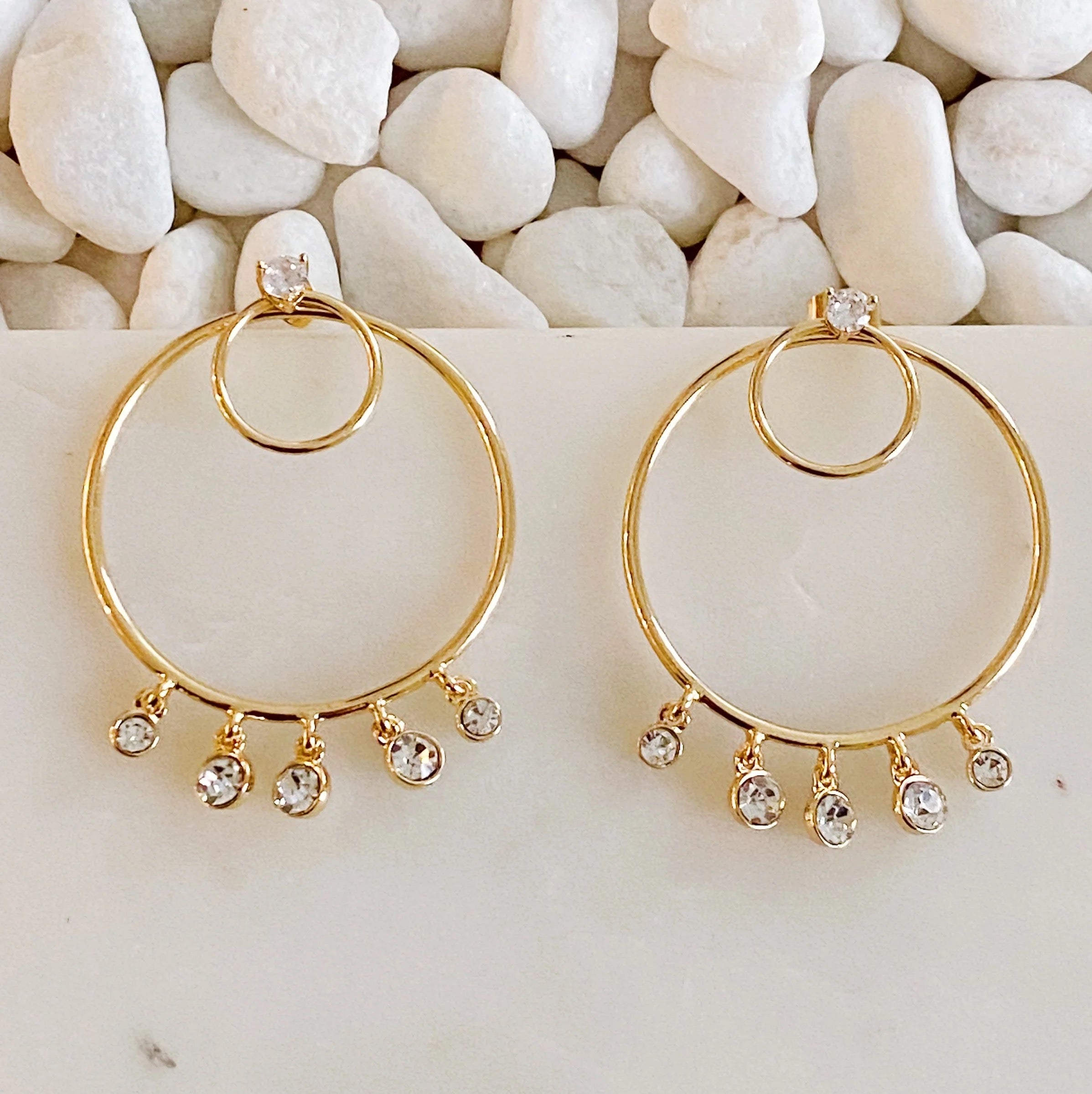 Elegant Double Circle Front Back Hoop Earrings featuring 18K gold plating and cubic zirconia stones.