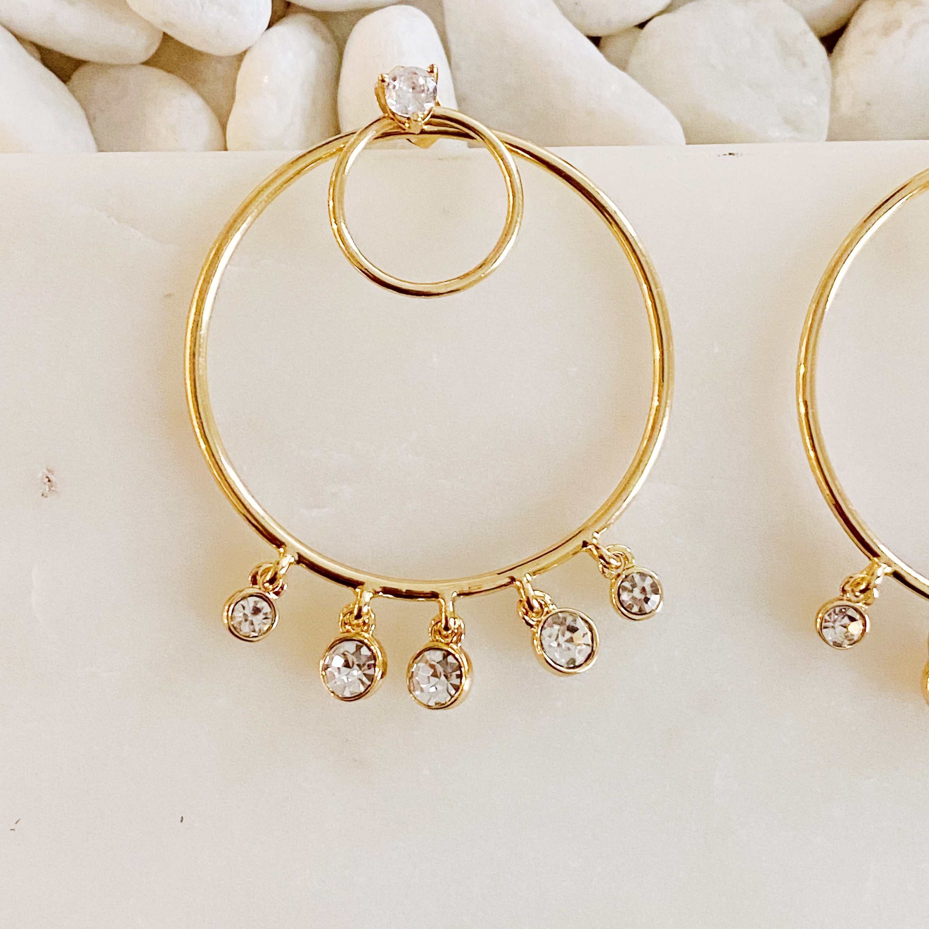 Elegant Double Circle Front Back Hoop Earrings featuring 18K gold plating and cubic zirconia stones.