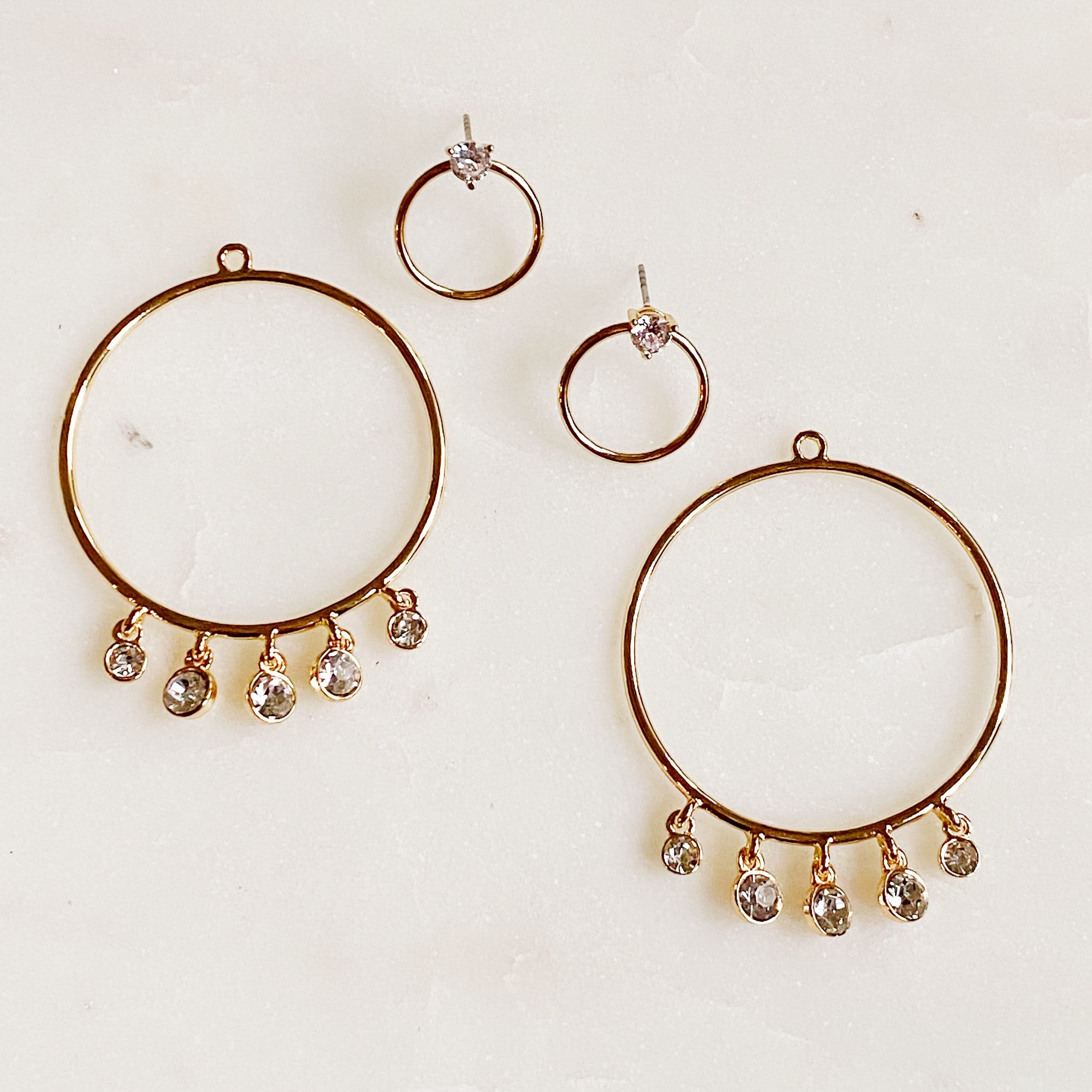 Elegant Double Circle Front Back Hoop Earrings featuring 18K gold plating and cubic zirconia stones.