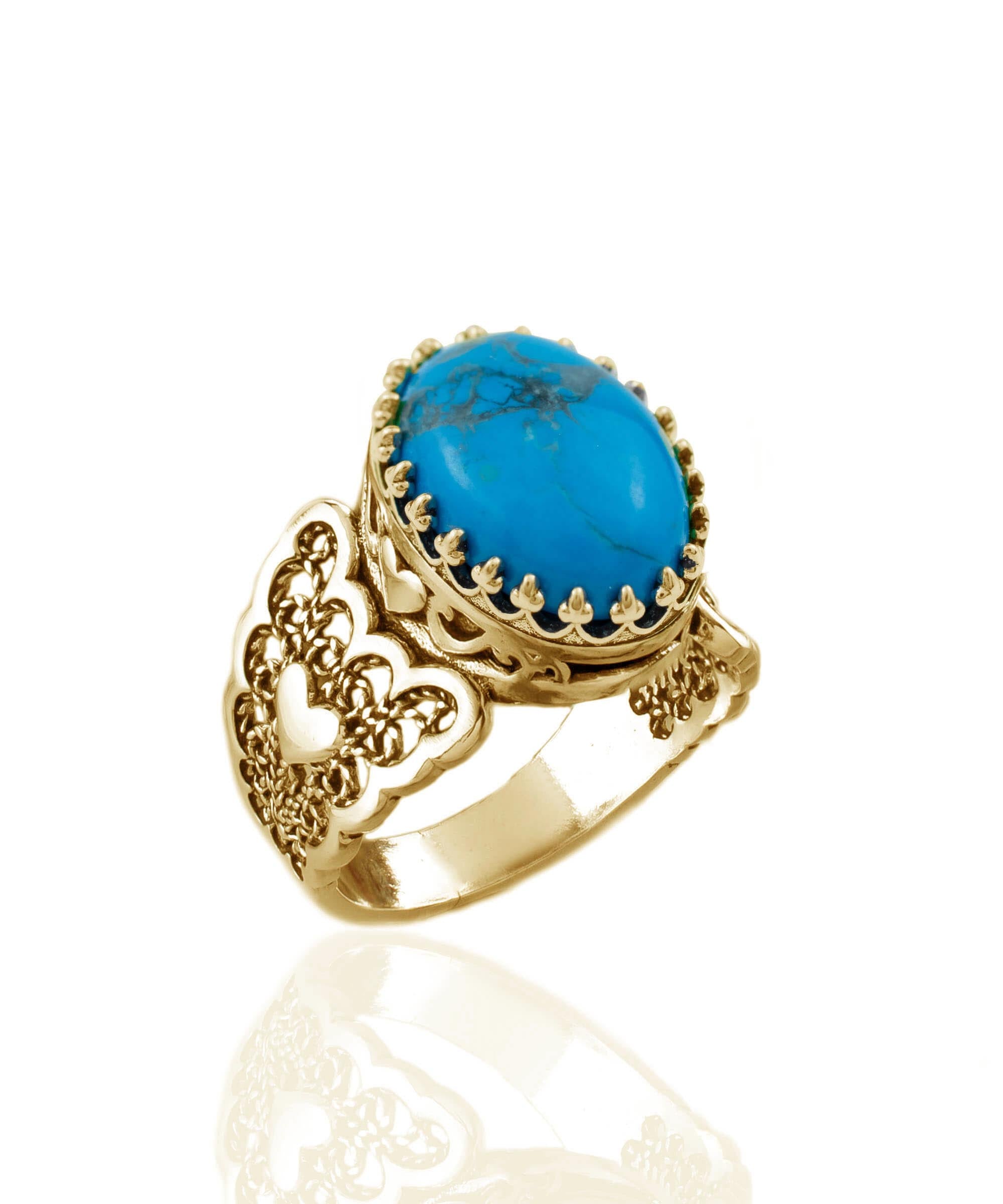 Double Heart Detailed Turquoise Gemstone Filigree Art Gold Plated ring showcasing intricate design and vibrant turquoise stone.