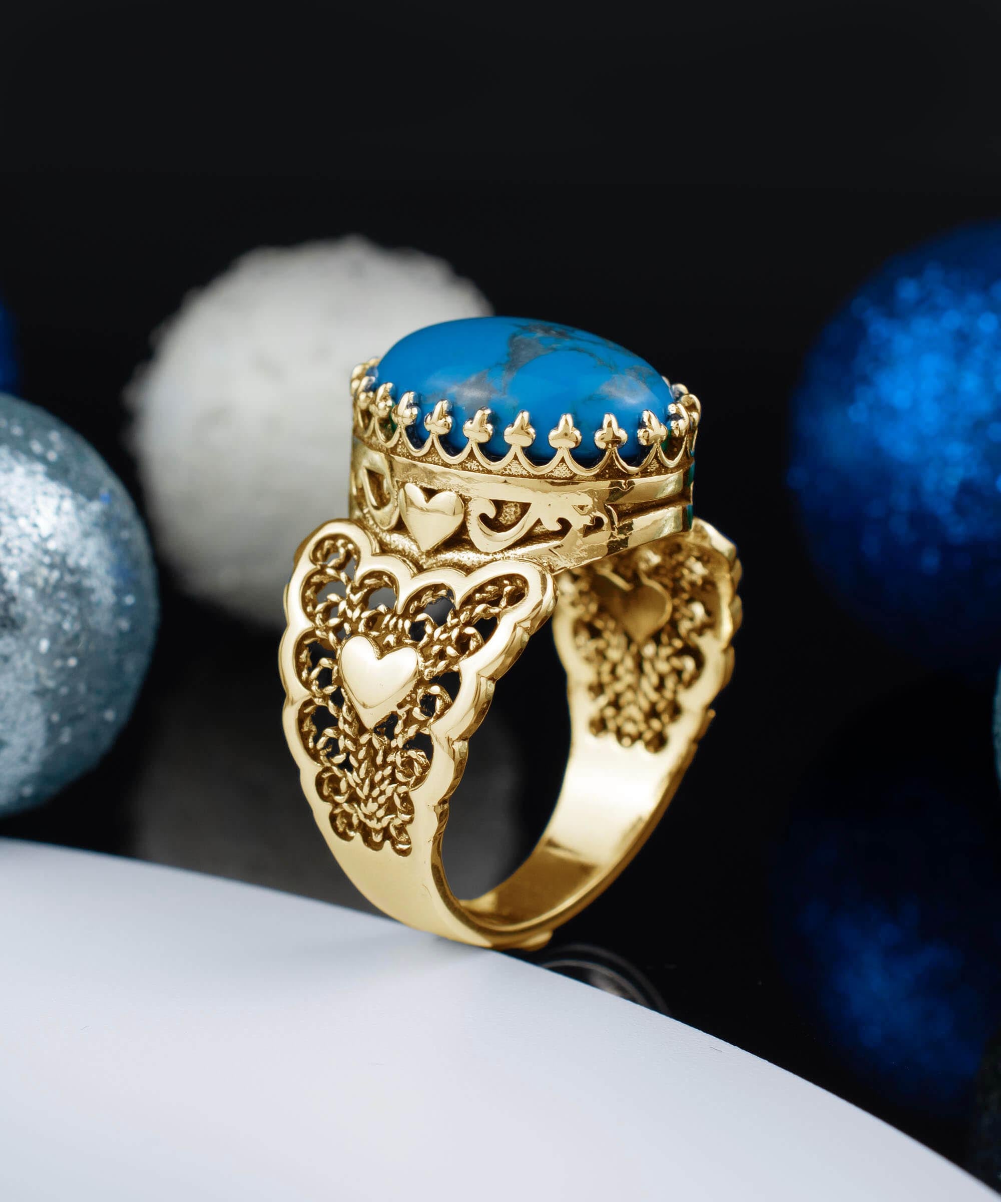 Double Heart Detailed Turquoise Gemstone Filigree Art Gold Plated ring showcasing intricate design and vibrant turquoise stone.