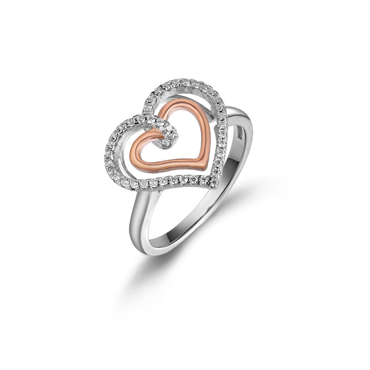 A beautiful double heart sterling silver ring featuring a white sapphire, showcasing its elegant design and high-quality craftsmanship.