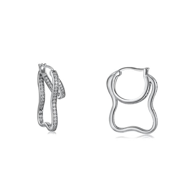 Elegant double layer huggie earrings made of 925 sterling silver with white gold finish and white sapphire stones.