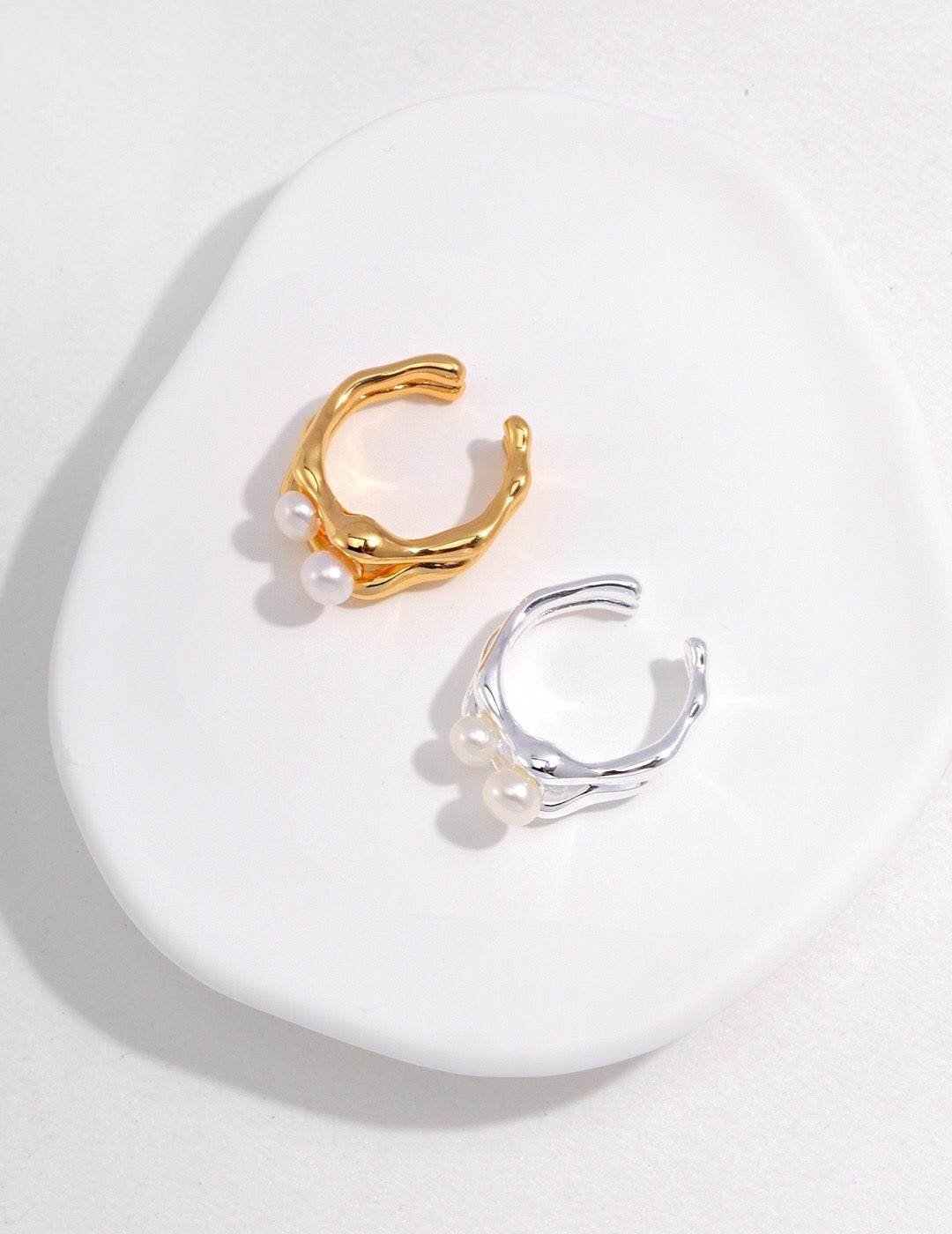 Elegant Double Layer Open Pearl Ring featuring natural pearls and gold vermeil, showcasing a unique and stylish design.