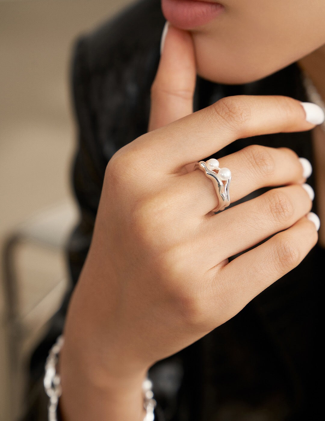 Elegant Double Layer Open Pearl Ring featuring natural pearls and gold vermeil, showcasing a unique and stylish design.