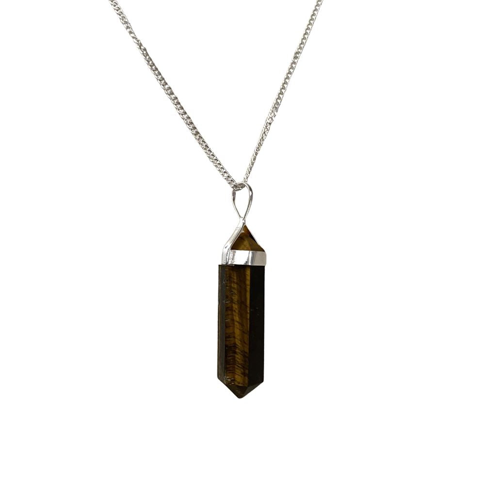 A beautiful Double Point Pencil Pendant made of semi-precious gemstones, showcasing its unique shape and vibrant colors, hanging from a durable alloy chain.