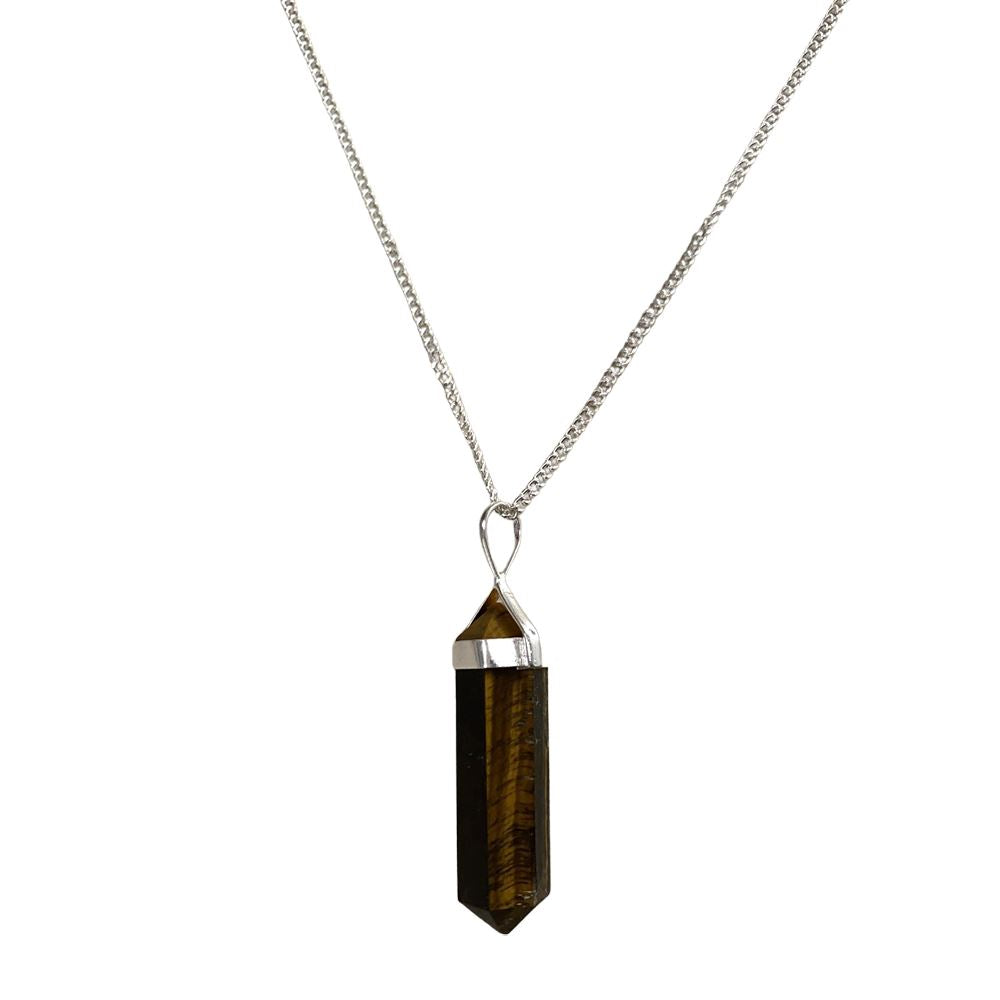 A beautiful Double Point Pencil Pendant made of semi-precious gemstones, showcasing its unique shape and vibrant colors, hanging from a durable alloy chain.