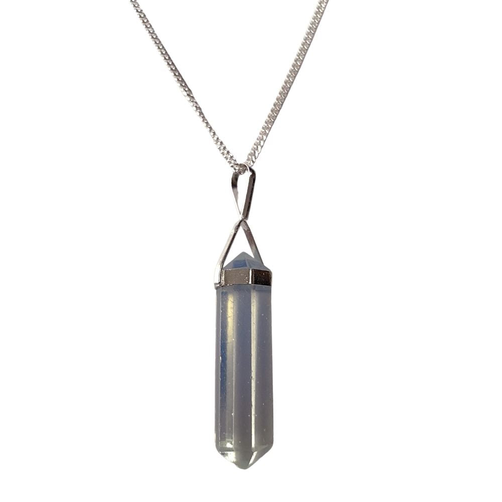 A beautiful Double Point Pencil Pendant made of semi-precious gemstones, showcasing its unique shape and vibrant colors, hanging from a durable alloy chain.