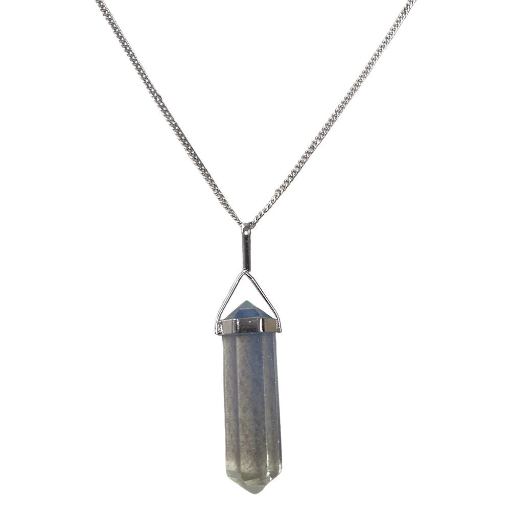 A beautiful Double Point Pencil Pendant made of semi-precious gemstones, showcasing its unique shape and vibrant colors, hanging from a durable alloy chain.