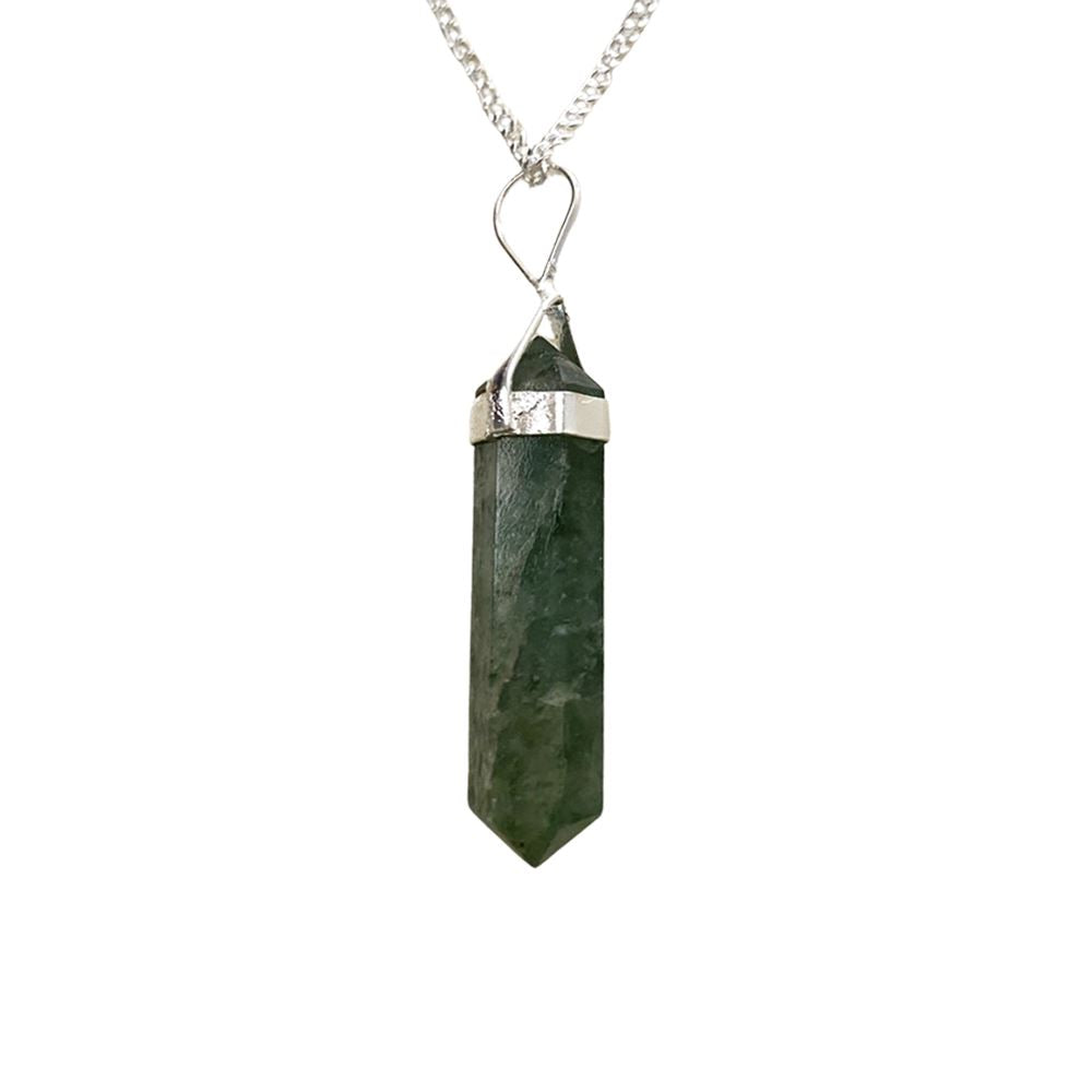 A beautiful Double Point Pencil Pendant made of semi-precious gemstones, showcasing its unique shape and vibrant colors, hanging from a durable alloy chain.