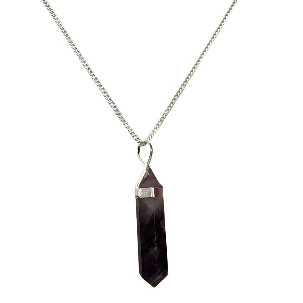 A beautiful Double Point Pencil Pendant made of semi-precious gemstones, showcasing its unique shape and vibrant colors, hanging from a durable alloy chain.