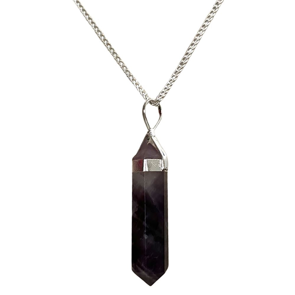 A beautiful Double Point Pencil Pendant made of semi-precious gemstones, showcasing its unique shape and vibrant colors, hanging from a durable alloy chain.