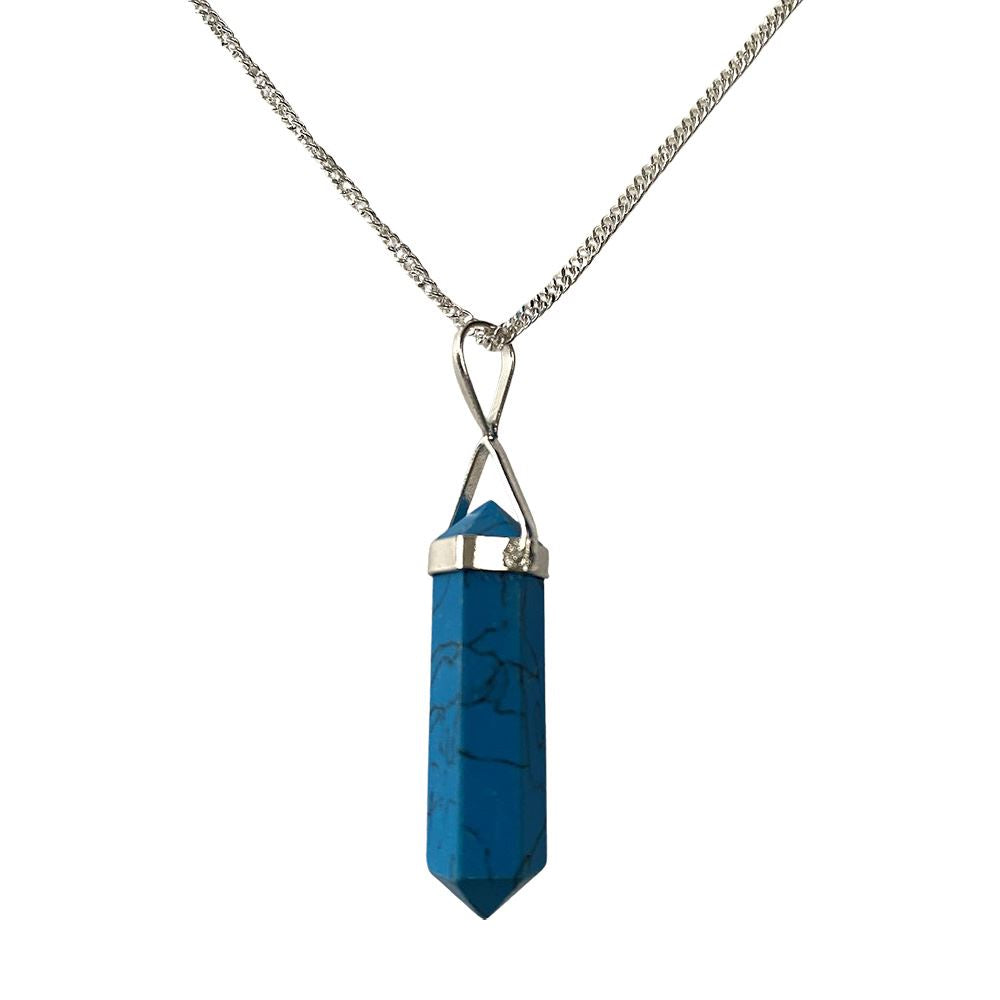 A beautiful Double Point Pencil Pendant made of semi-precious gemstones, showcasing its unique shape and vibrant colors, hanging from a durable alloy chain.