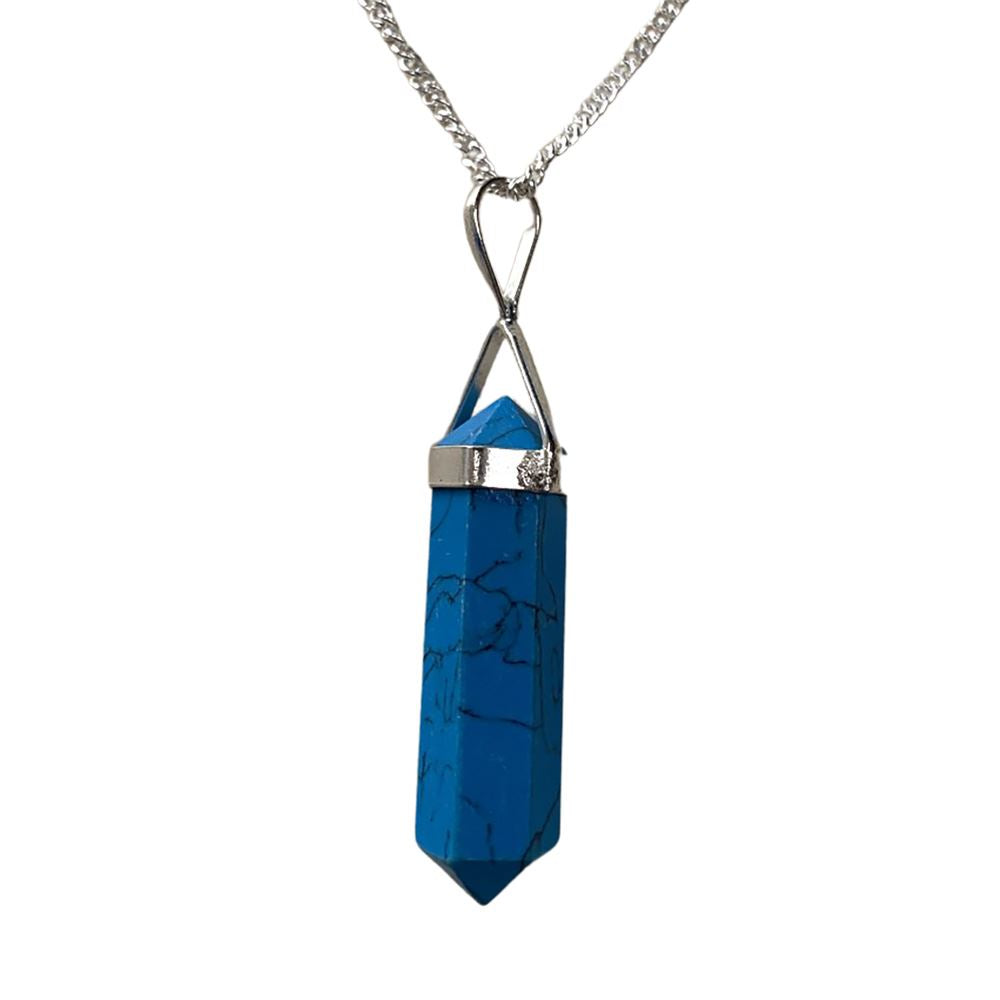 A beautiful Double Point Pencil Pendant made of semi-precious gemstones, showcasing its unique shape and vibrant colors, hanging from a durable alloy chain.