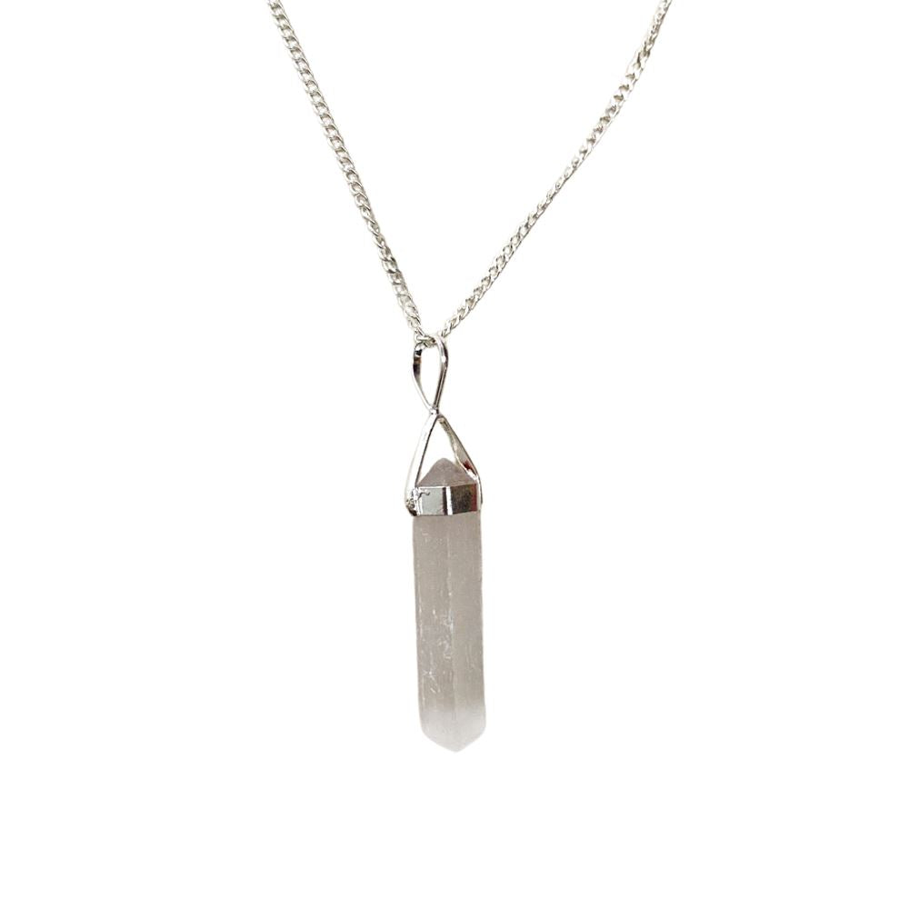 A beautiful Double Point Pencil Pendant made of semi-precious gemstones, showcasing its unique shape and vibrant colors, hanging from a durable alloy chain.