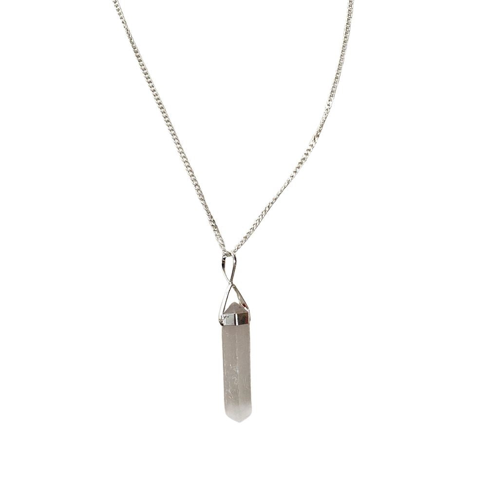 A beautiful Double Point Pencil Pendant made of semi-precious gemstones, showcasing its unique shape and vibrant colors, hanging from a durable alloy chain.