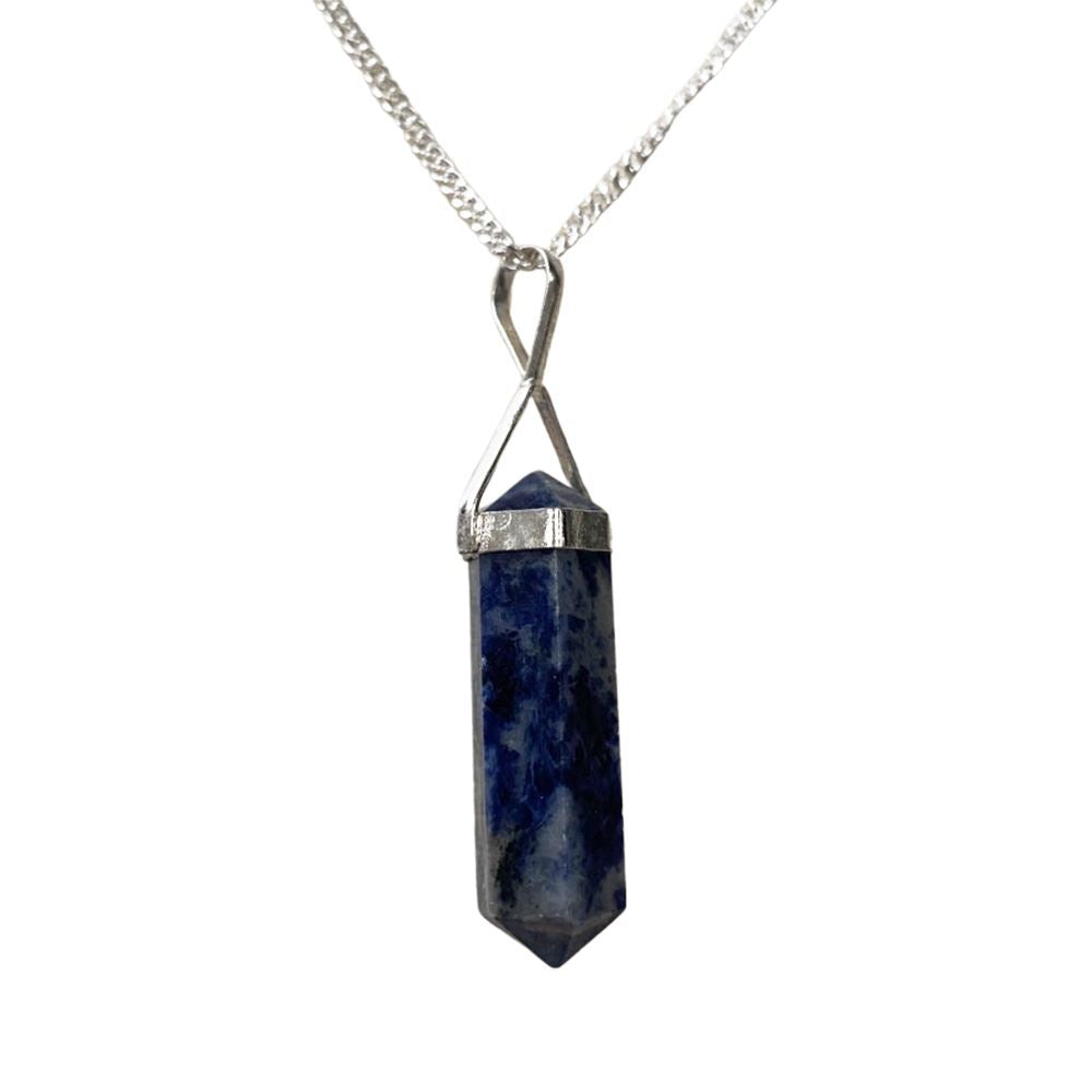 A beautiful Double Point Pencil Pendant made of semi-precious gemstones, showcasing its unique shape and vibrant colors, hanging from a durable alloy chain.