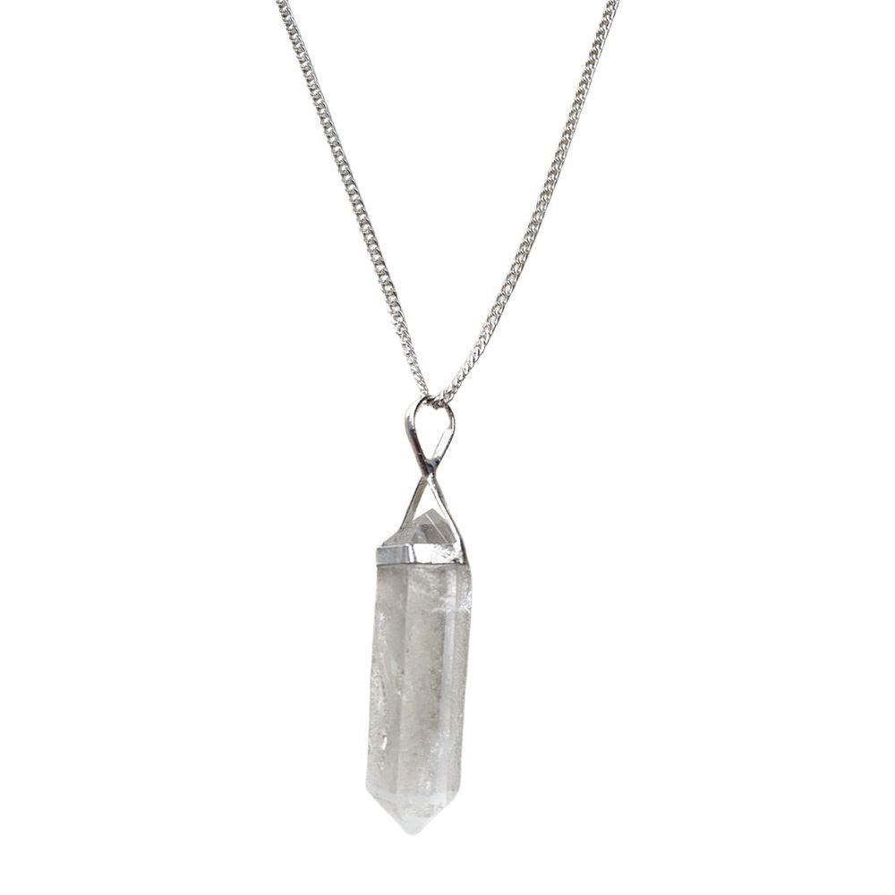 A beautiful Double Point Pencil Pendant made of semi-precious gemstones, showcasing its unique shape and vibrant colors, hanging from a durable alloy chain.