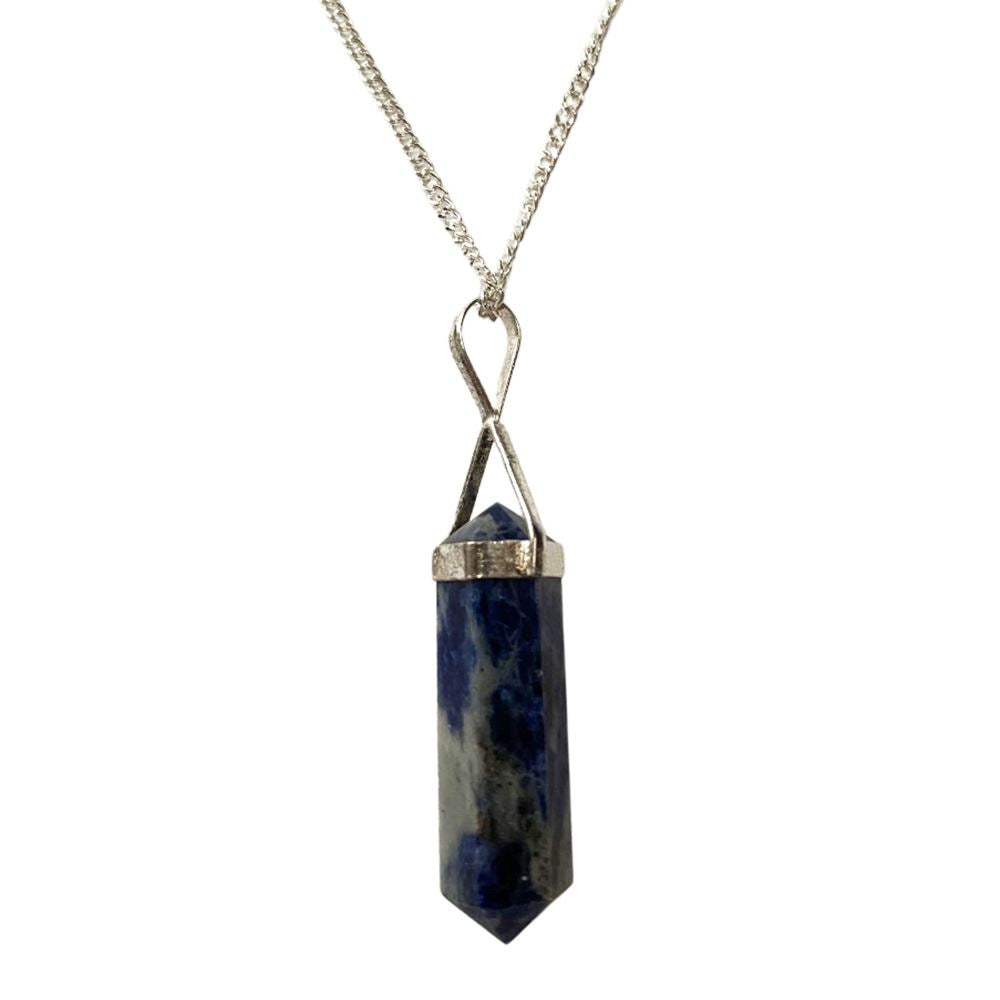 A beautiful Double Point Pencil Pendant made of semi-precious gemstones, showcasing its unique shape and vibrant colors, hanging from a durable alloy chain.