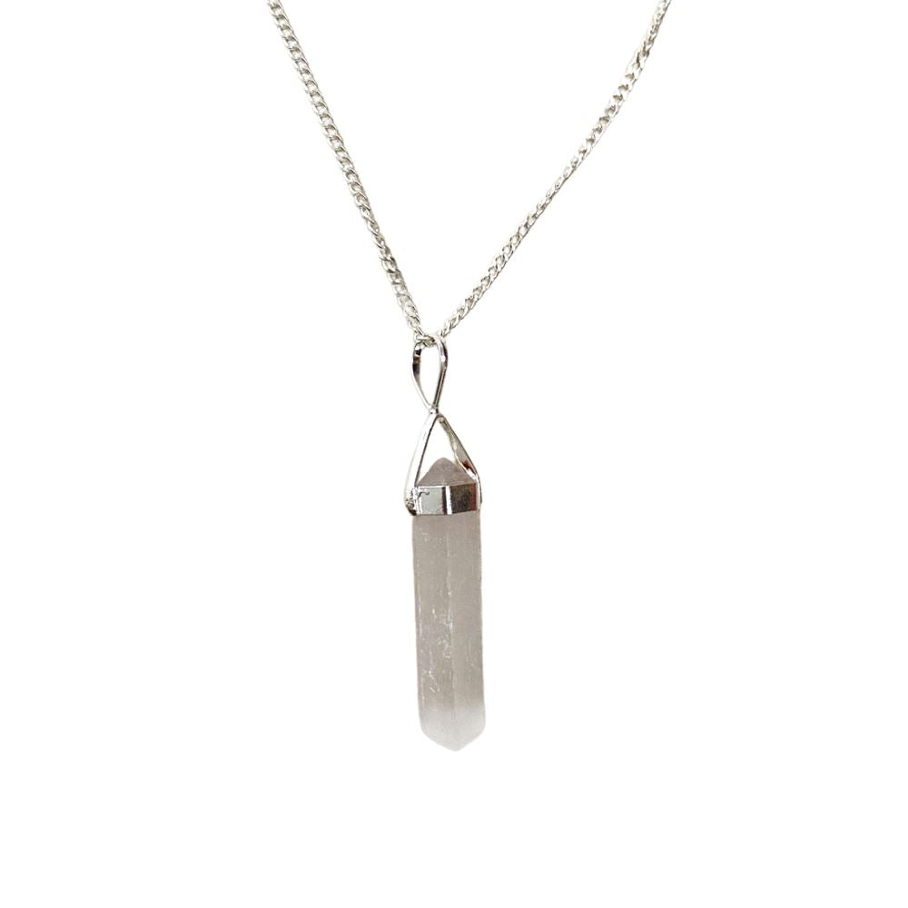 A beautiful Double Point Pencil Pendant made of semi-precious gemstones, showcasing its unique shape and vibrant colors, hanging from a durable alloy chain.