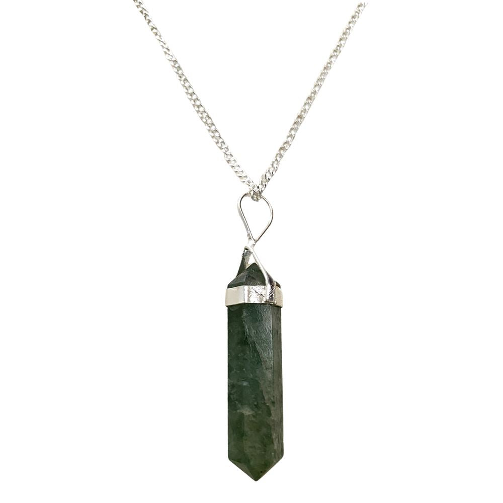 A beautiful Double Point Pencil Pendant made of semi-precious gemstones, showcasing its unique shape and vibrant colors, hanging from a durable alloy chain.