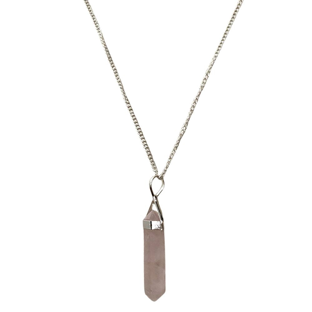 A beautiful Double Point Pencil Pendant made of semi-precious gemstones, showcasing its unique shape and vibrant colors, hanging from a durable alloy chain.