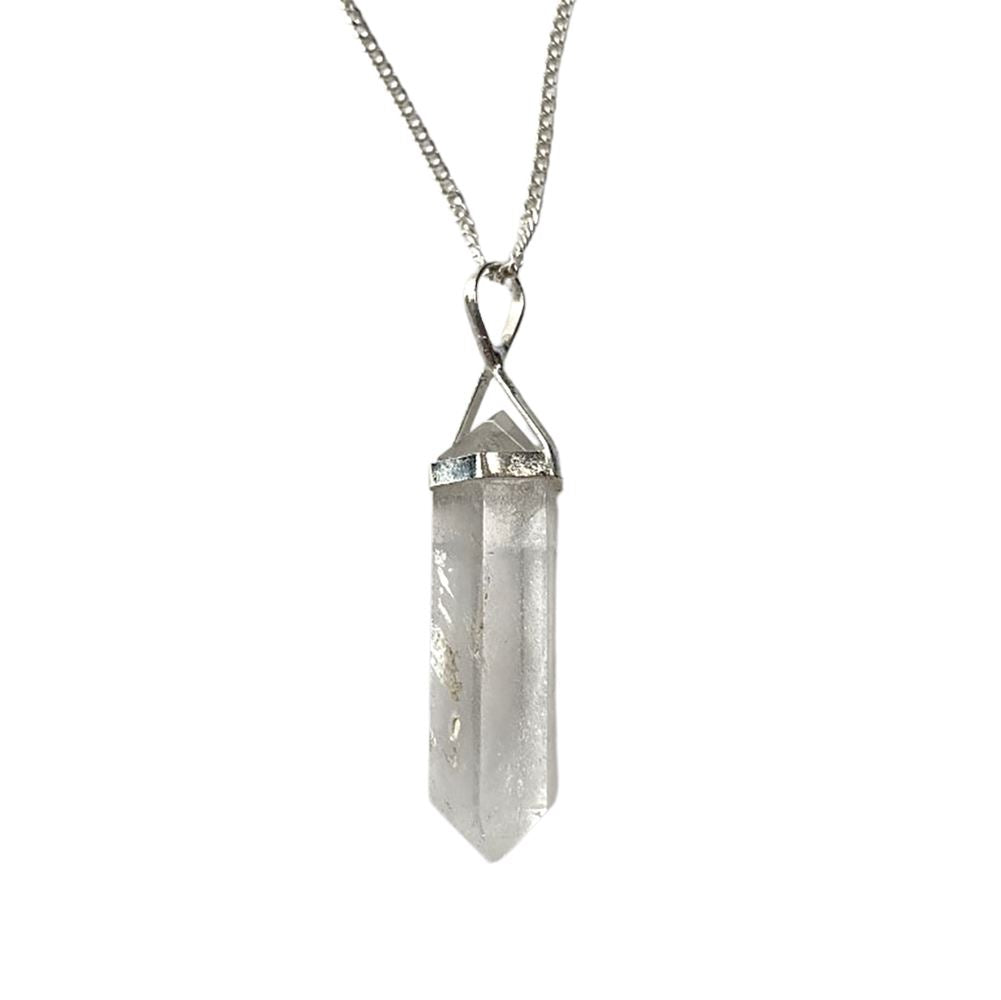 A beautiful Double Point Pencil Pendant made of semi-precious gemstones, showcasing its unique shape and vibrant colors, hanging from a durable alloy chain.