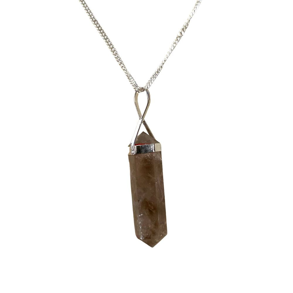 A beautiful Double Point Pencil Pendant made of semi-precious gemstones, showcasing its unique shape and vibrant colors, hanging from a durable alloy chain.