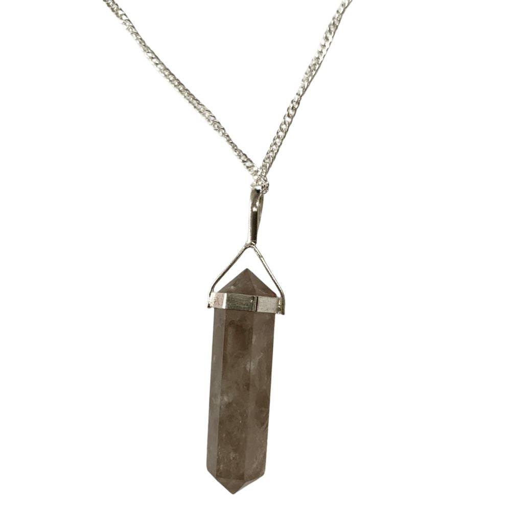 A beautiful Double Point Pencil Pendant made of semi-precious gemstones, showcasing its unique shape and vibrant colors, hanging from a durable alloy chain.