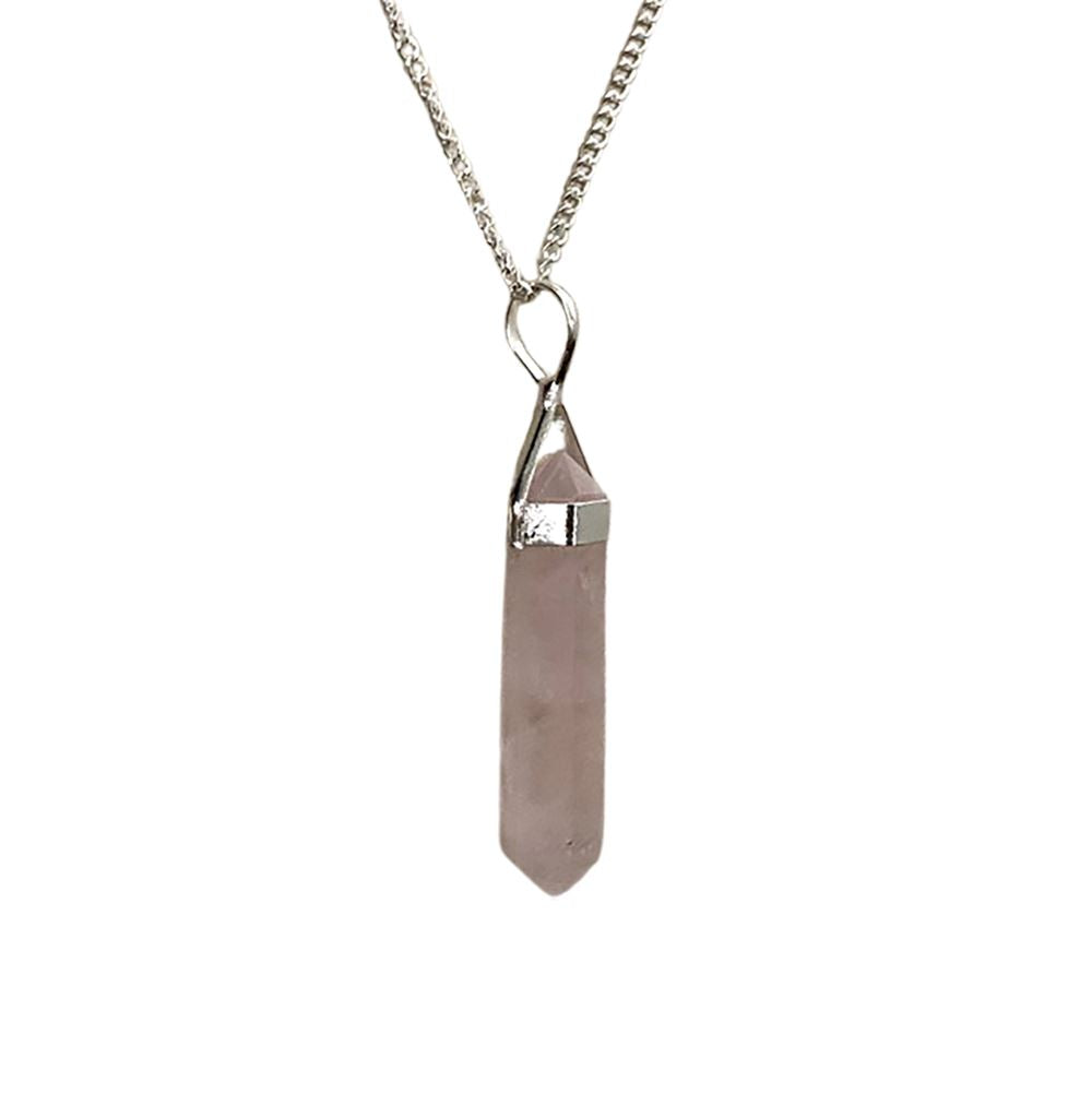 A beautiful Double Point Pencil Pendant made of semi-precious gemstones, showcasing its unique shape and vibrant colors, hanging from a durable alloy chain.