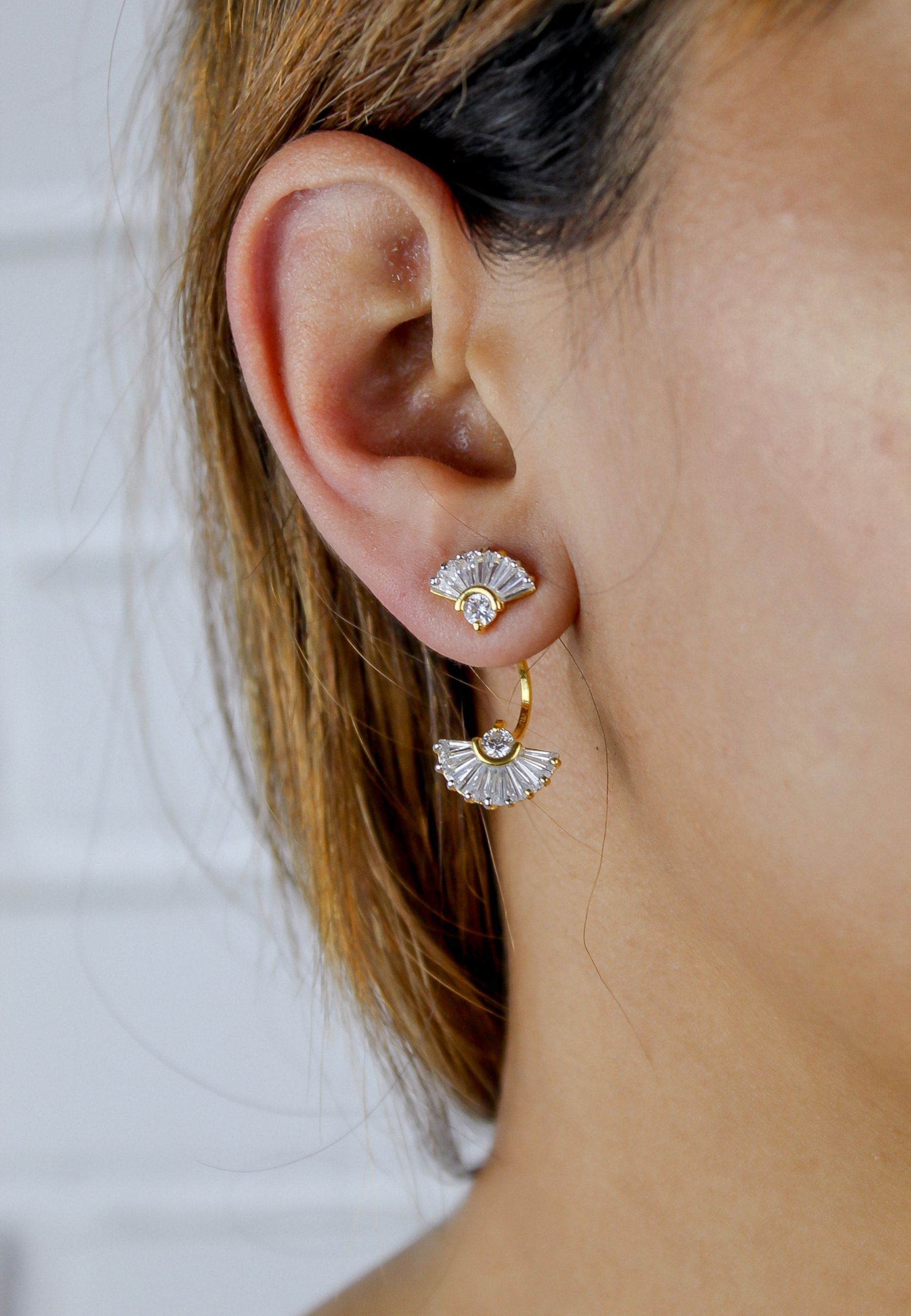 Elegant Double Shine Earrings featuring 18k gold plating and sparkling zircon stones, designed for pierced ears.