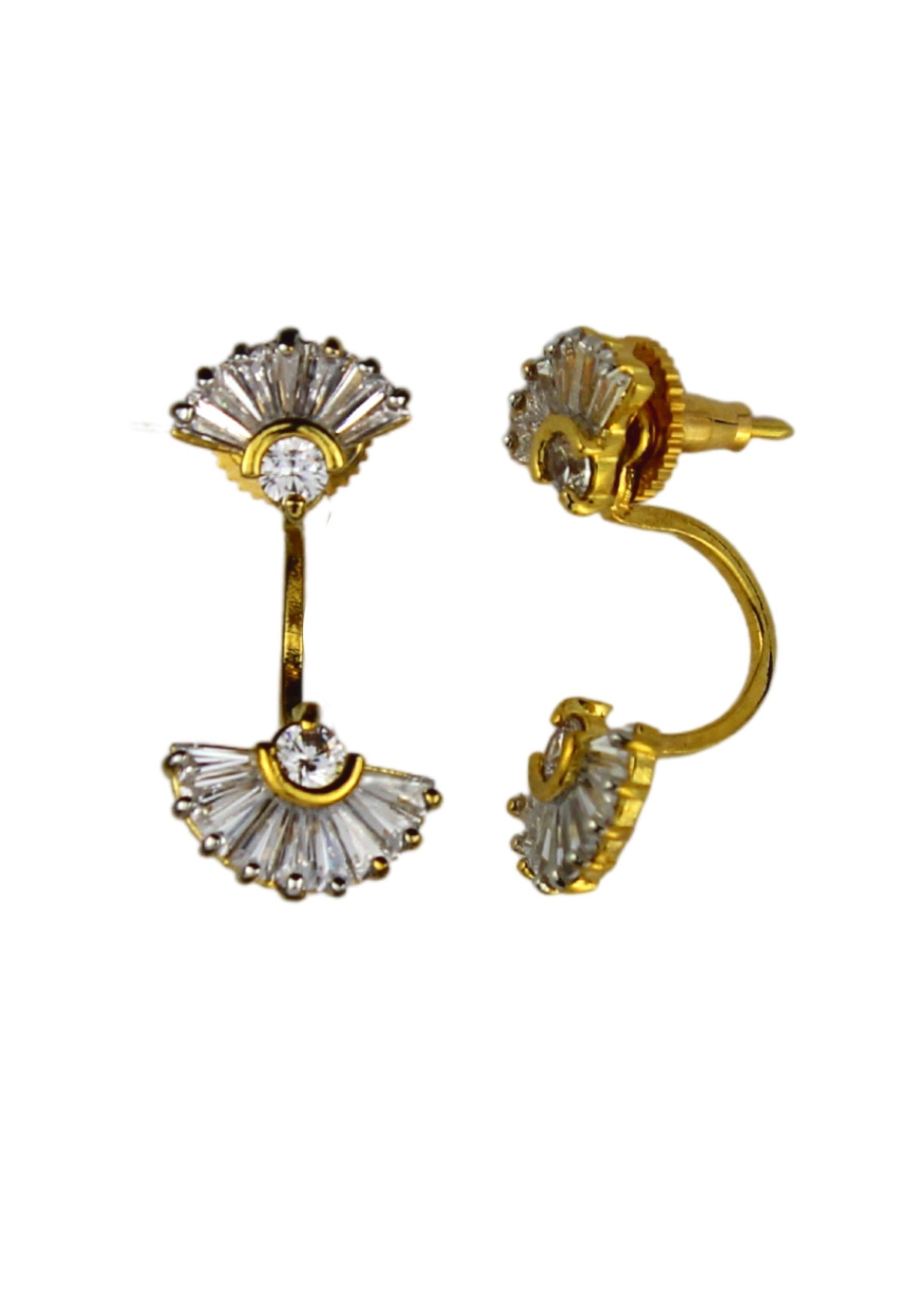 Elegant Double Shine Earrings featuring 18k gold plating and sparkling zircon stones, designed for pierced ears.