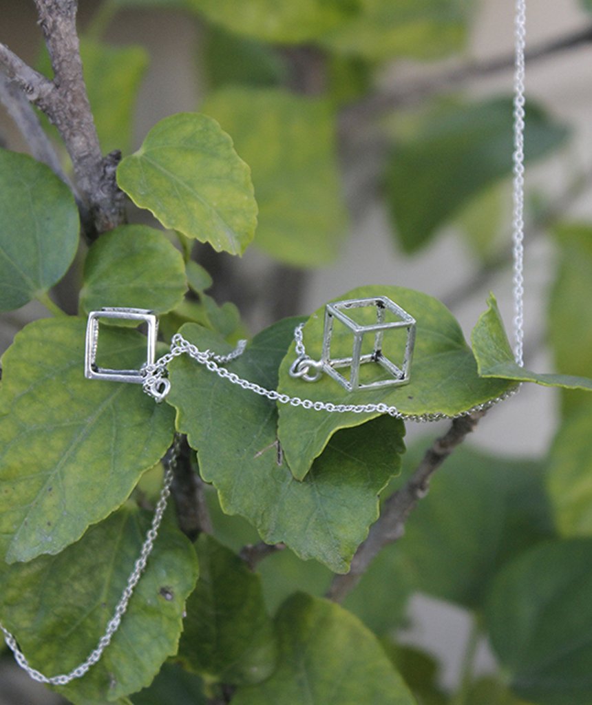 Double Square Classic Necklace featuring elegant double square design in gold and silver, handmade by Urbiana.