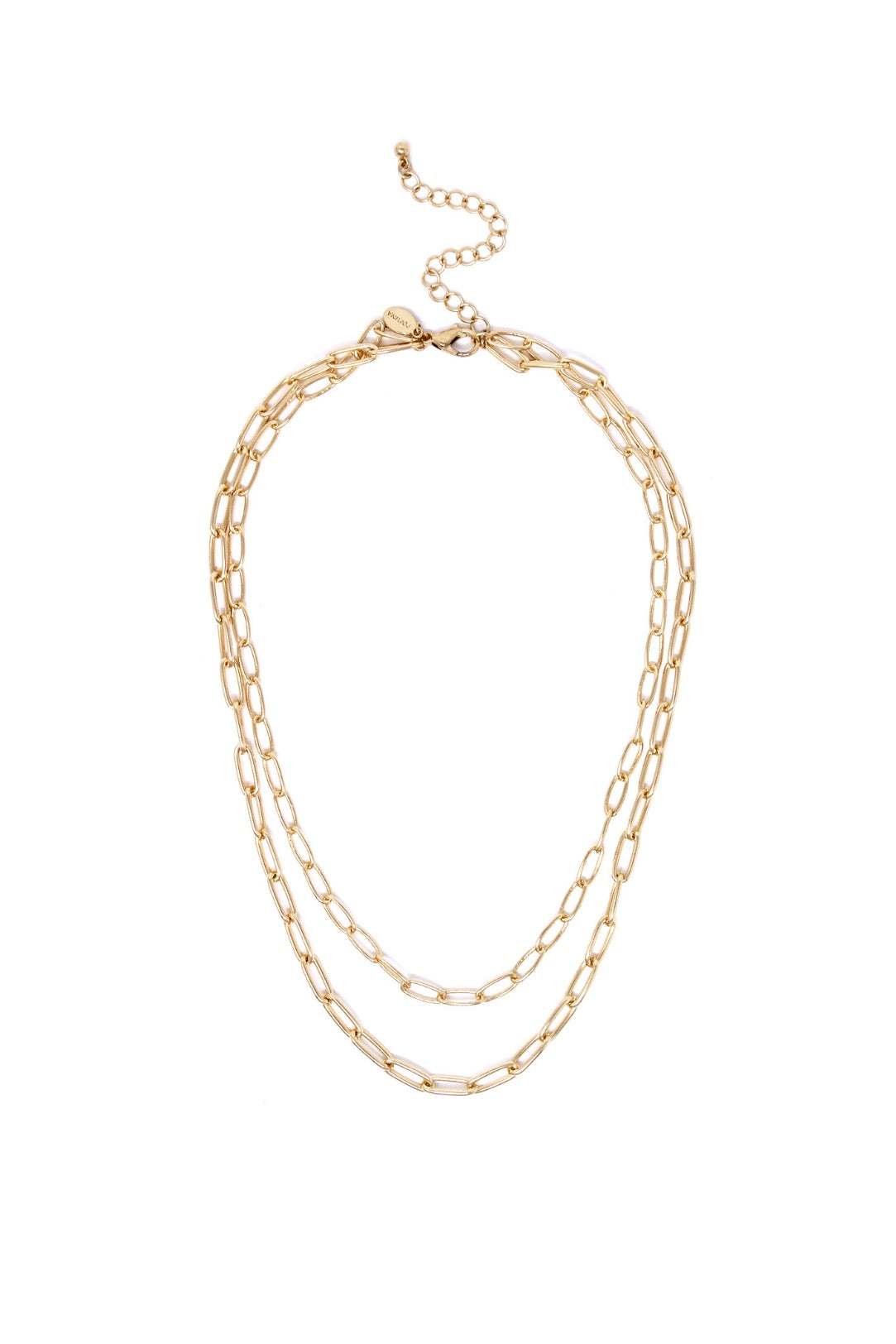 Double layered gold chain link necklace with a slimmer first layer and thicker second layer, featuring a 3-inch extender.