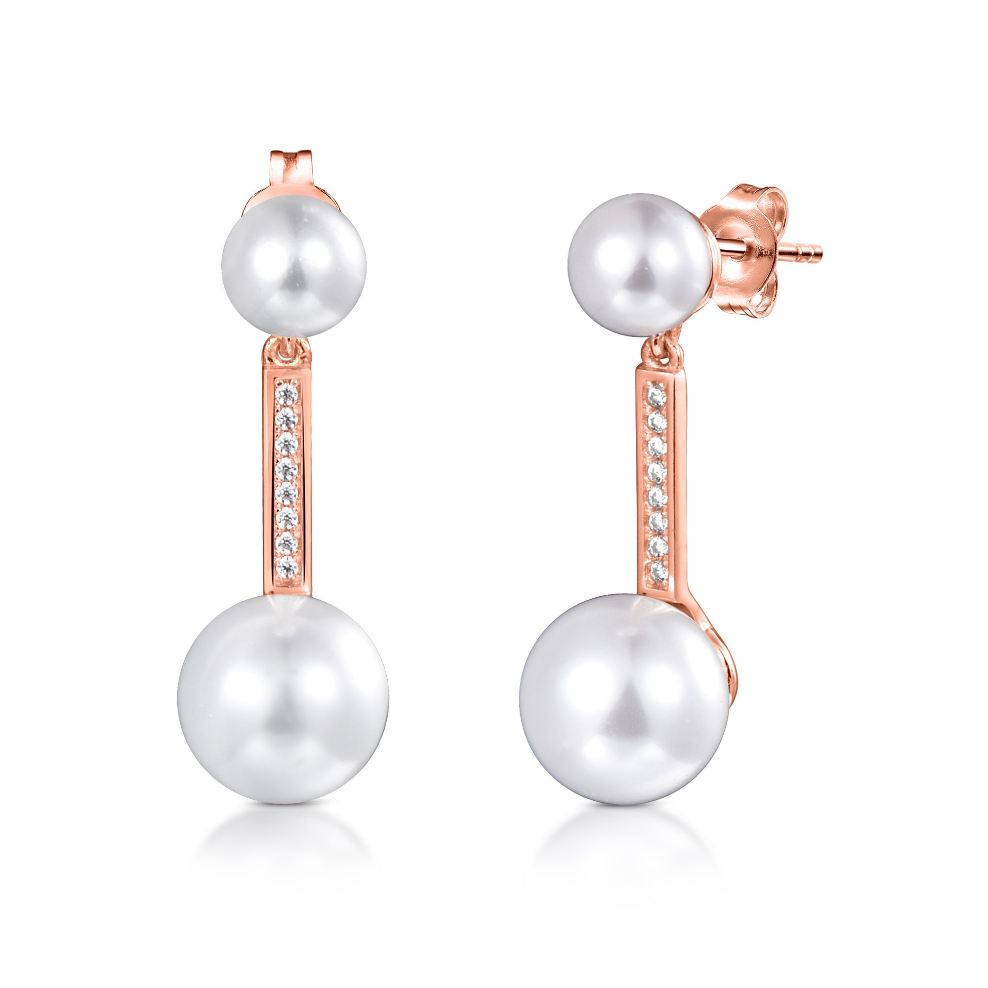 Elegant double wearing pearl earrings made of 925 sterling silver with white gold finish and white sapphire accents.