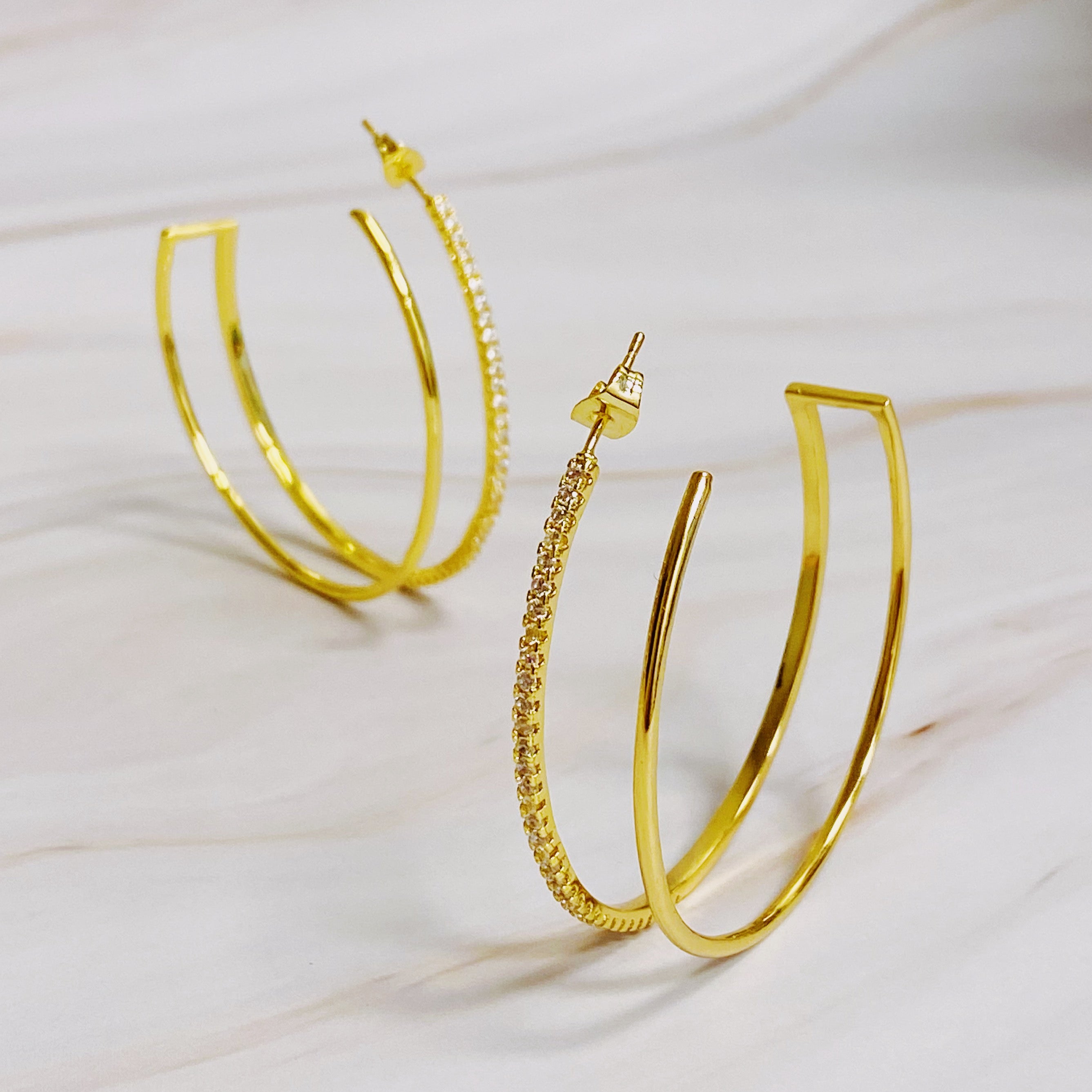 Doubled Open Top Hoop Earrings featuring a unique design with 18k gold plating and sparkling cubic zirconia, perfect for everyday elegance.