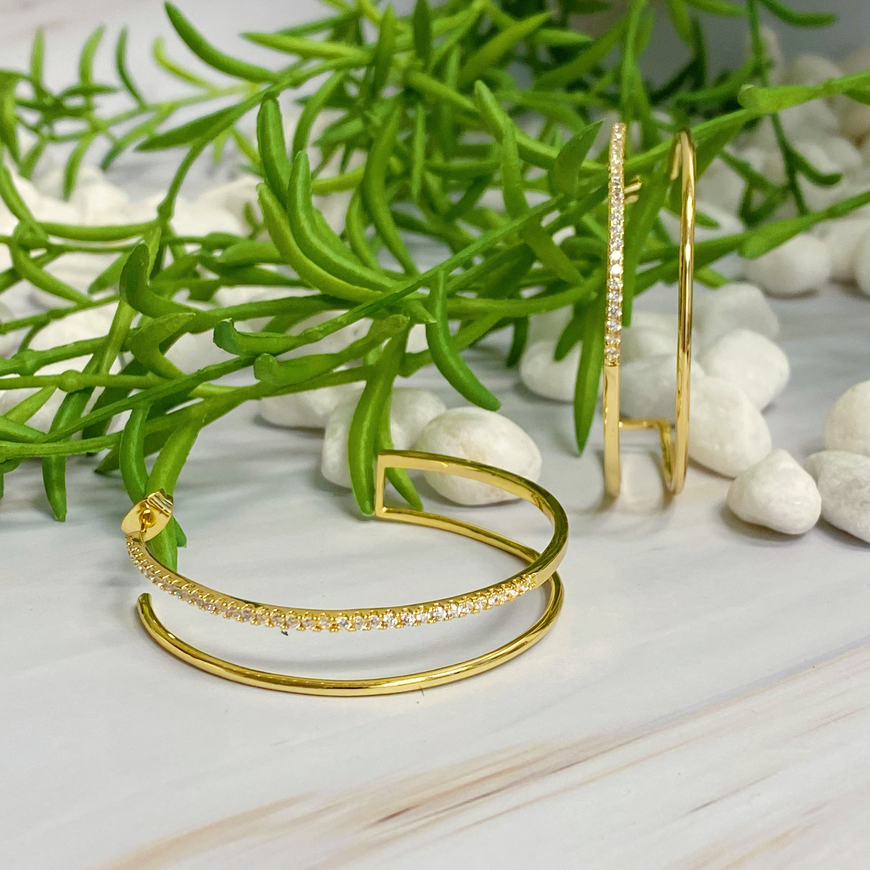 Doubled Open Top Hoop Earrings featuring a unique design with 18k gold plating and sparkling cubic zirconia, perfect for everyday elegance.